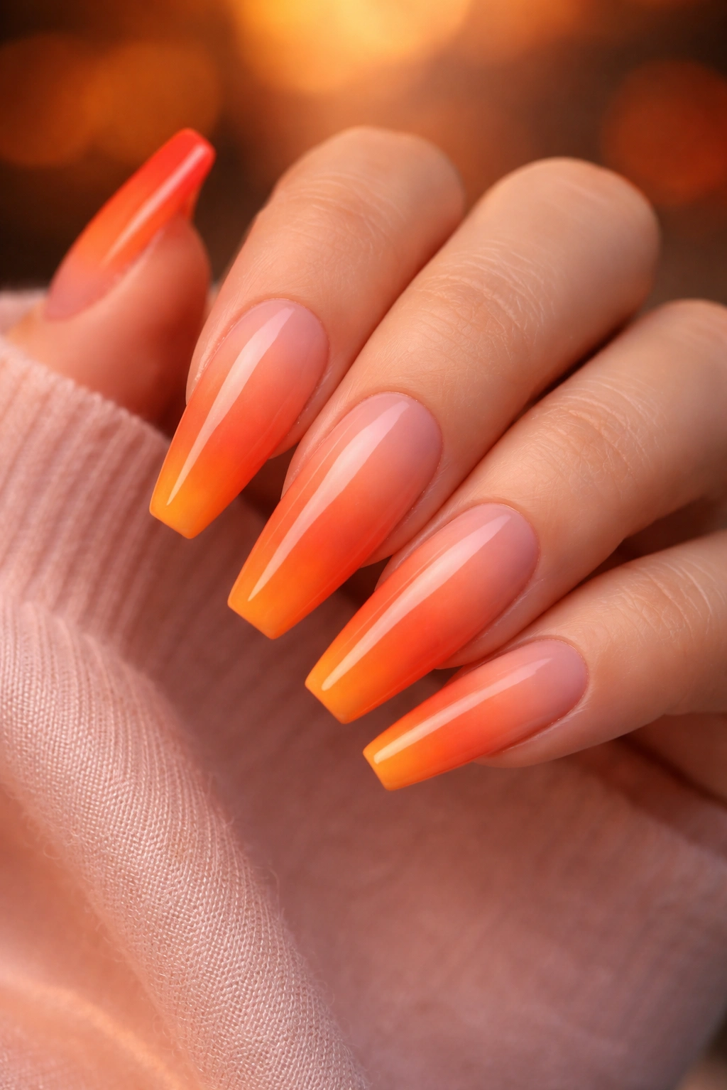 Close-up of tangerine coffin nails with sunset ombré gradient in coral and peach tones