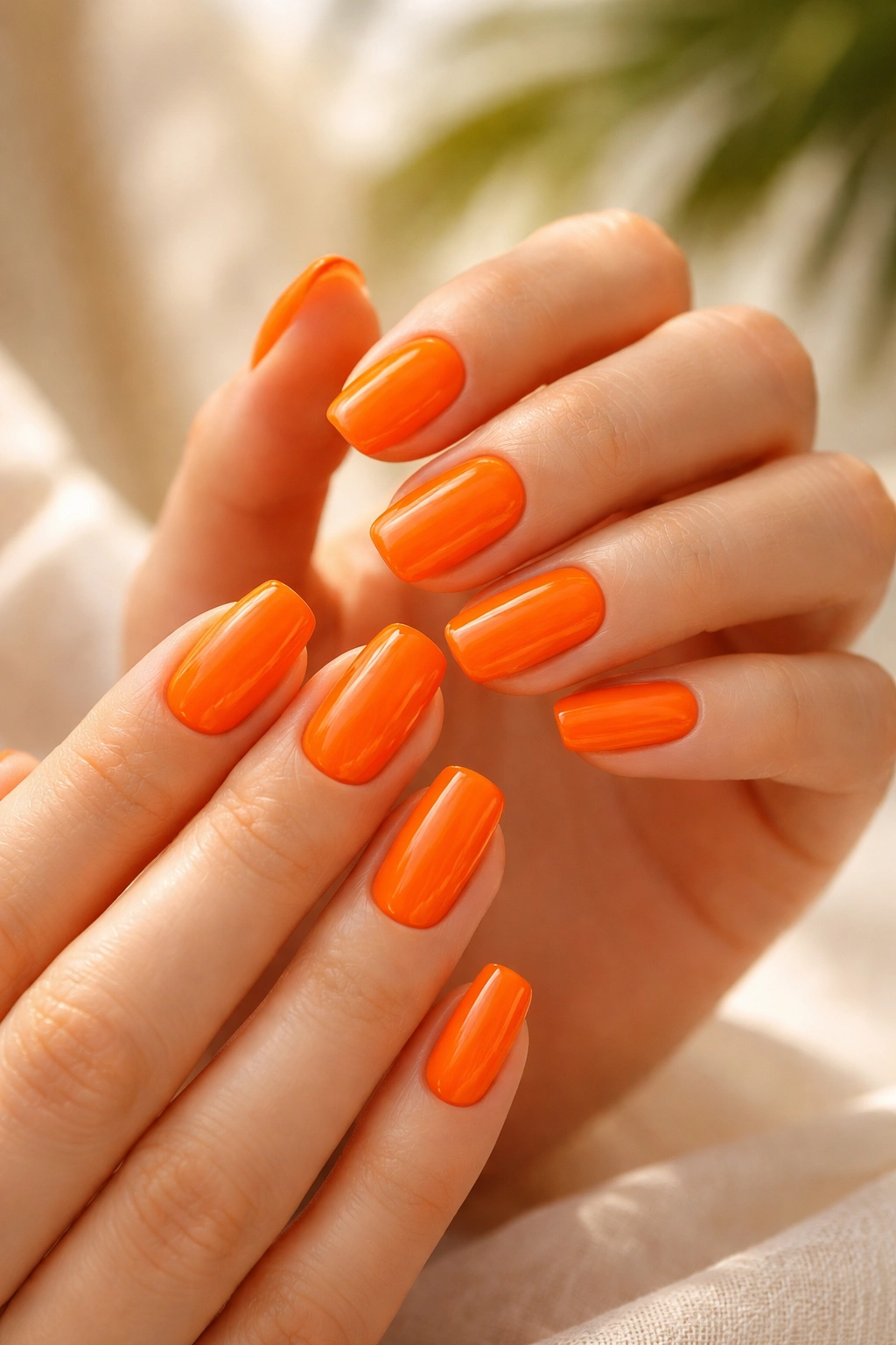 Close-up of hands with tangerine orange nails and glossy finish