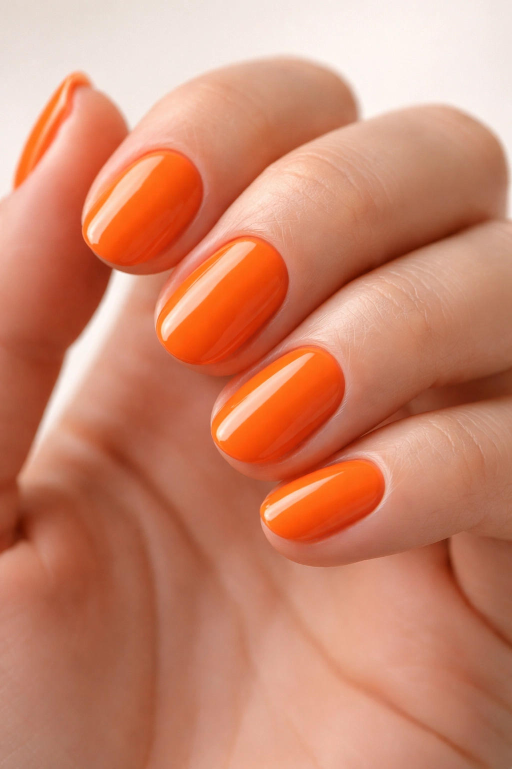 Close-up of tangerine orange short oval nails with glossy shine