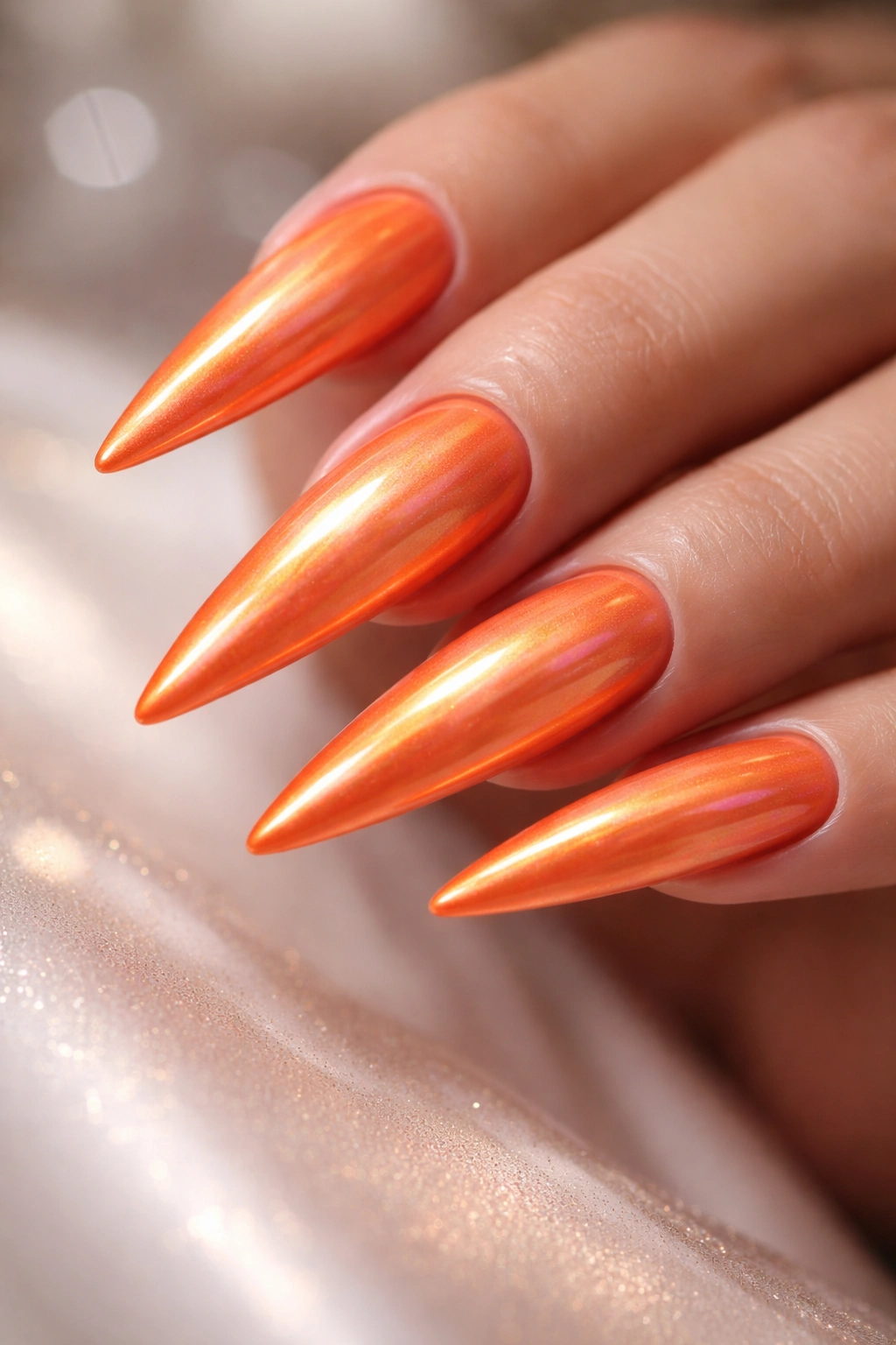 Close-up of tangerine orange stiletto nails with a pearl finish.