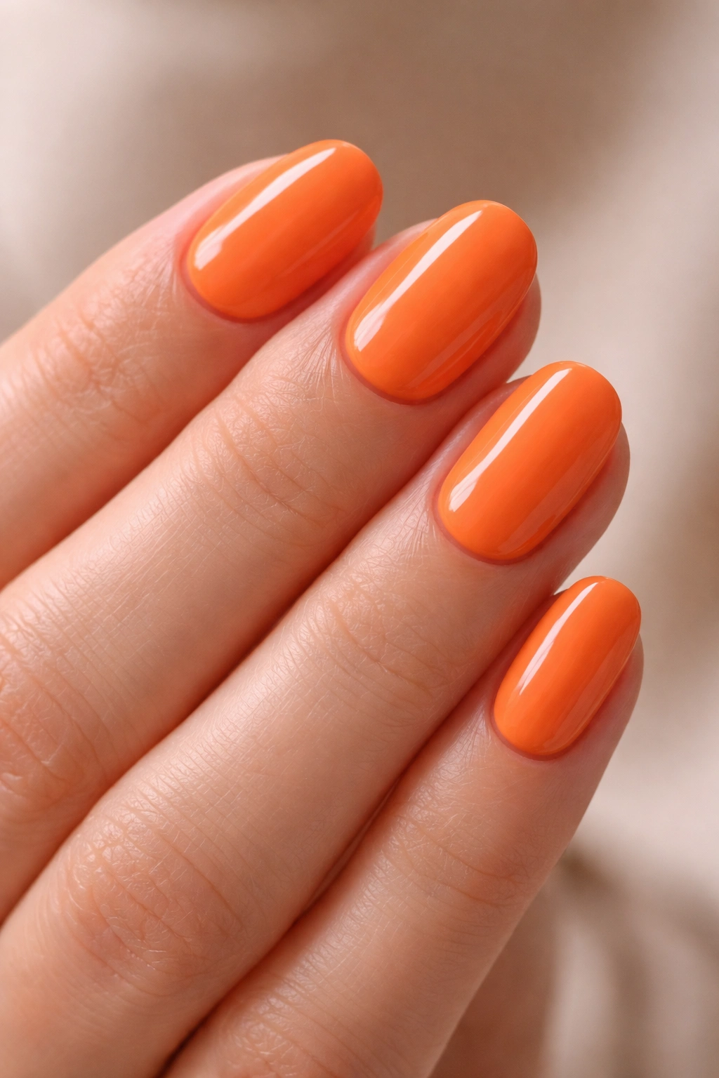 Close-up of short oval nails painted bright tangerine orange with a cream finish
