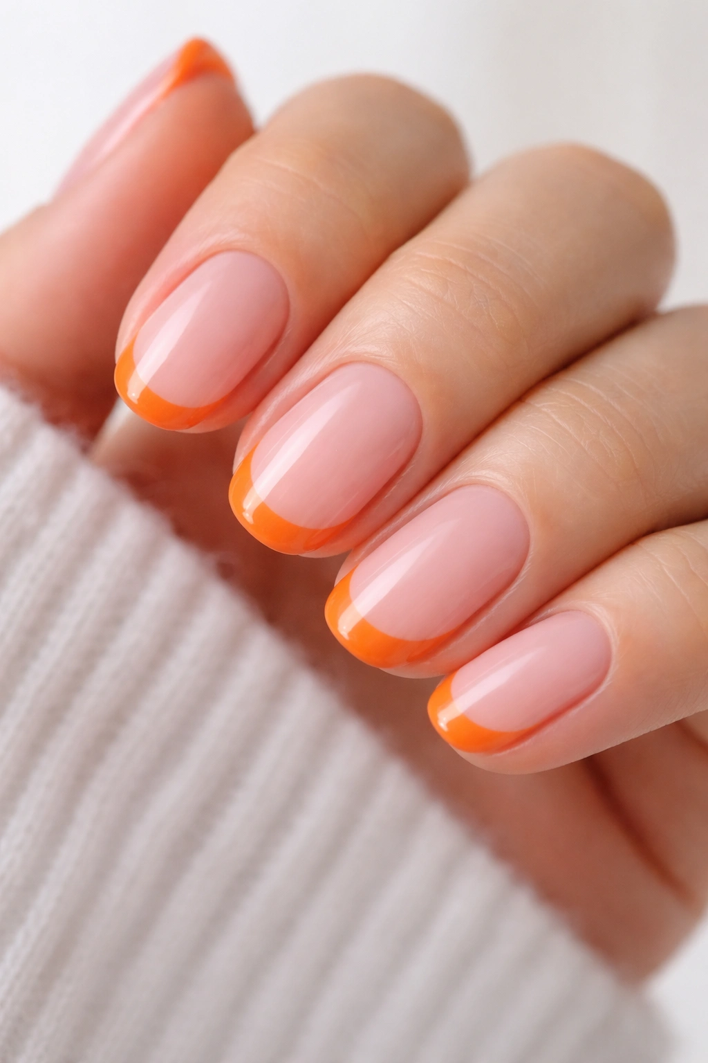 Close-up of short oval nails with tangerine tips on pink base, glossy finish