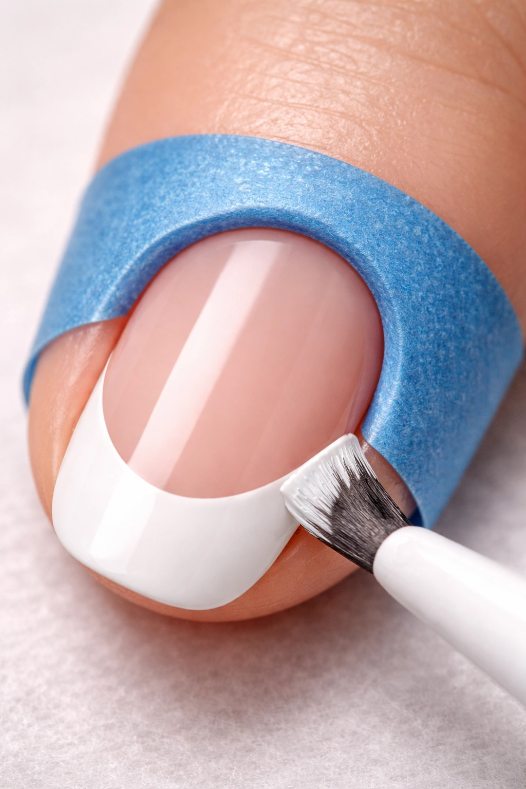 Nail with tape guide for French tip boundary.