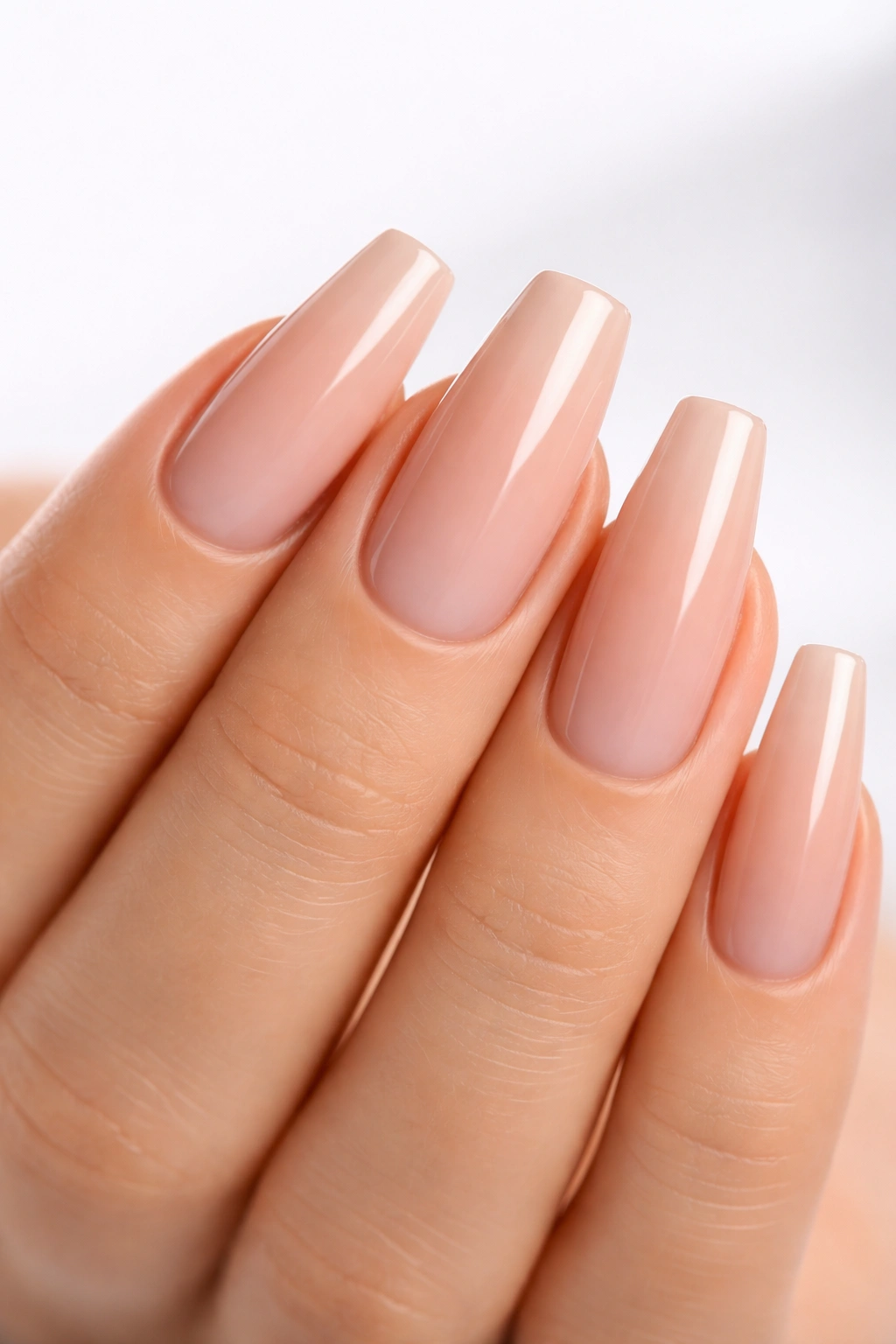 Close-up of hand with tapered rectangle nails showing inward-slanting sides