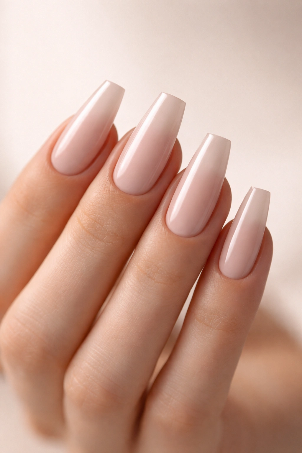 Close-up of tapered square nails with a narrow tip on a hand