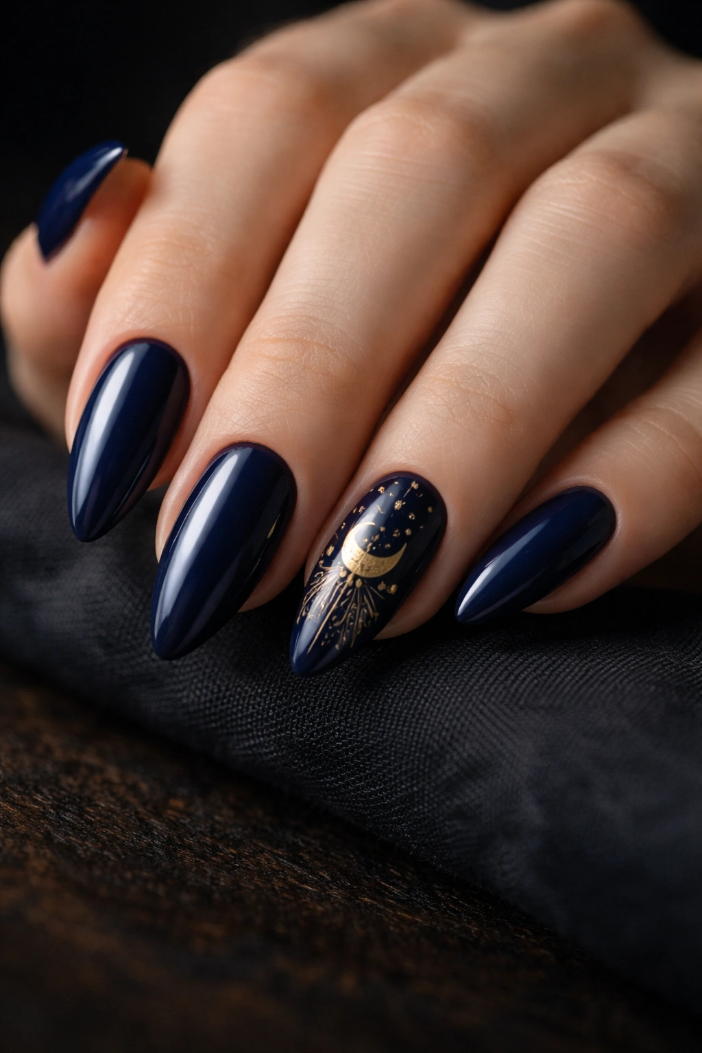 Almond nails with midnight blue base and gold tarot symbol on accent nail