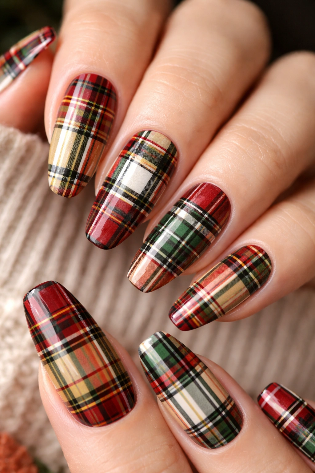 Nails with tartan plaid pattern featuring intersecting lines