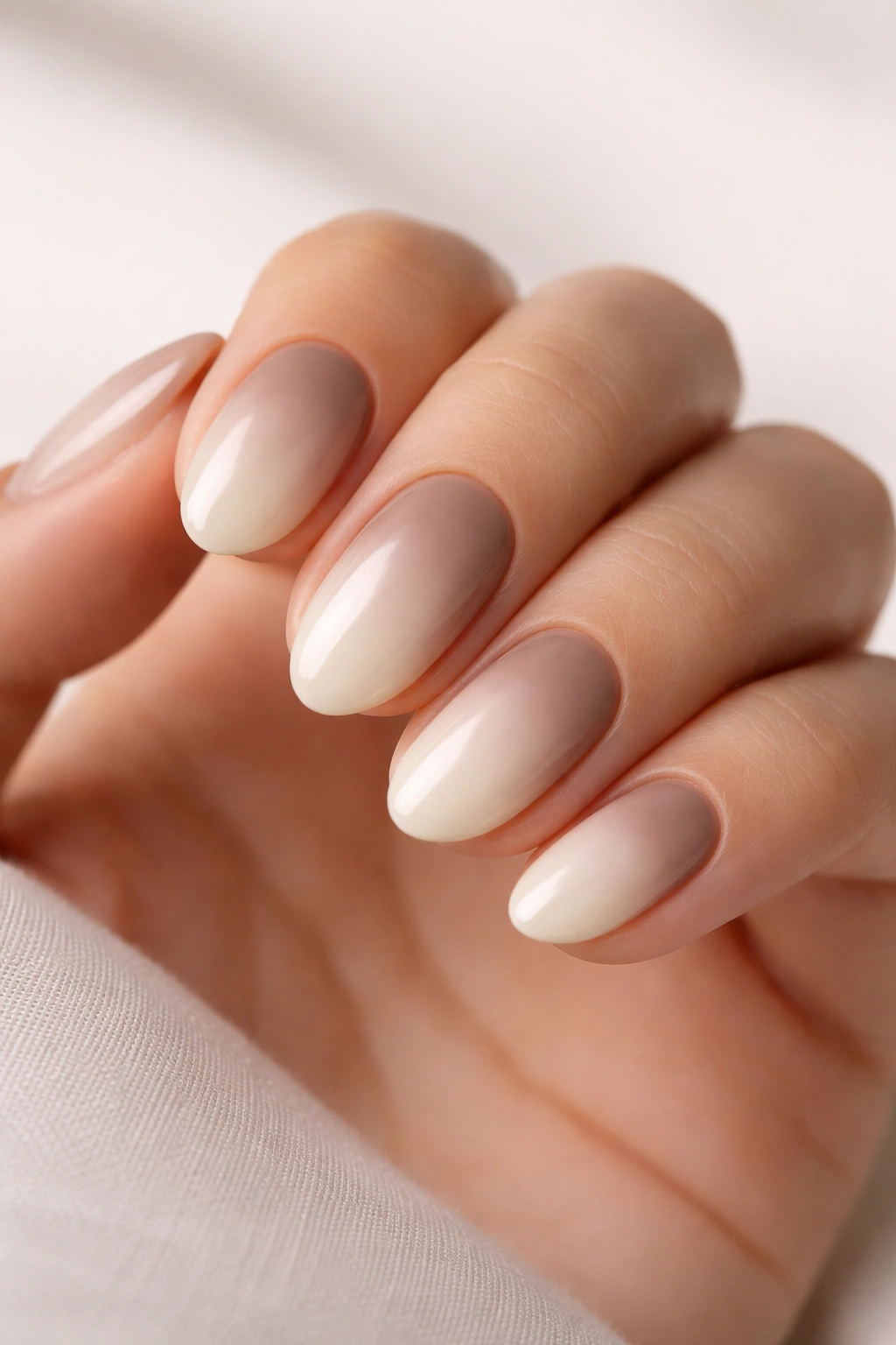 Close-up of short almond nails in taupe to almond-milk ombre with soft lighting