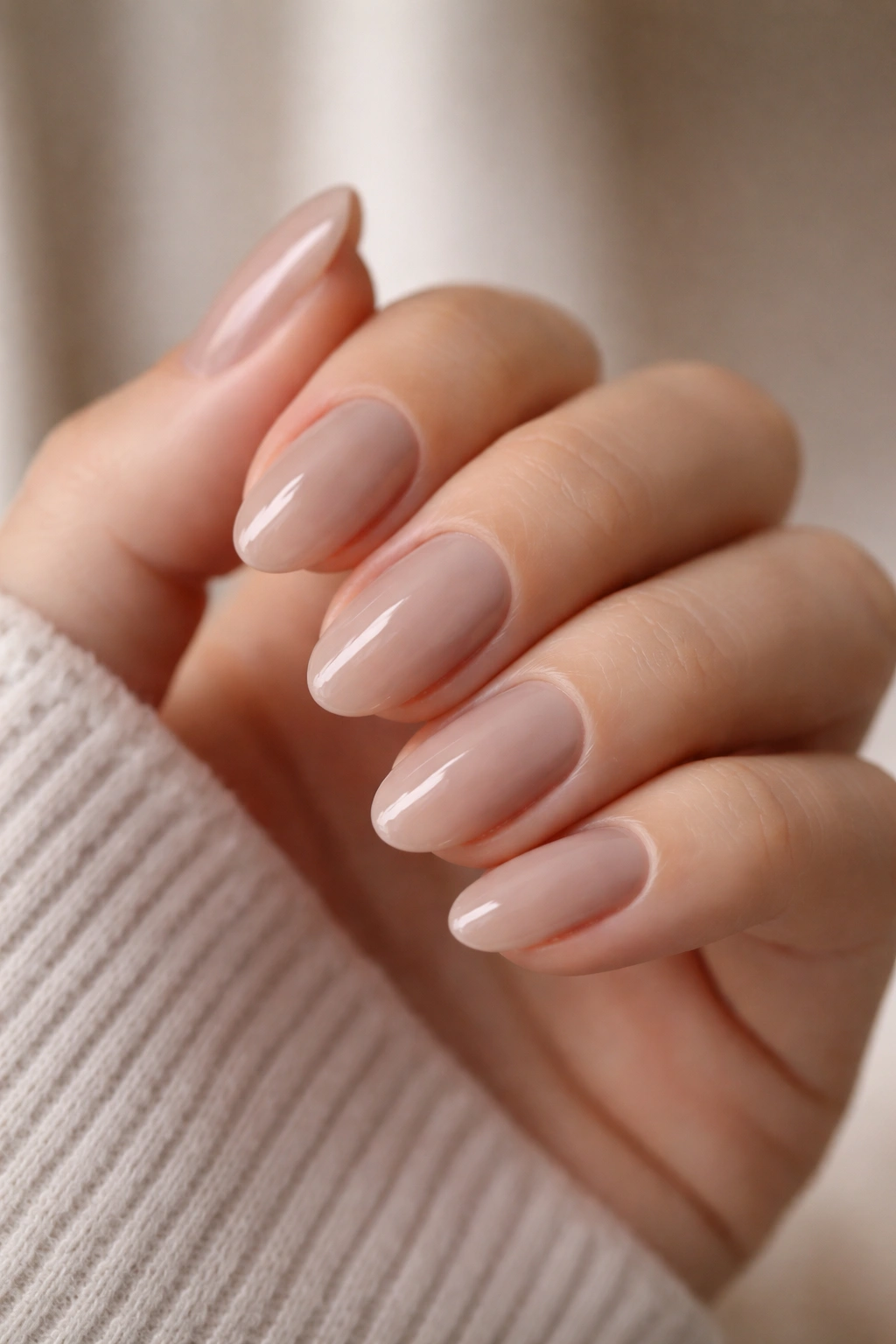Close-up of a sheer taupe short almond nail on a bare hand