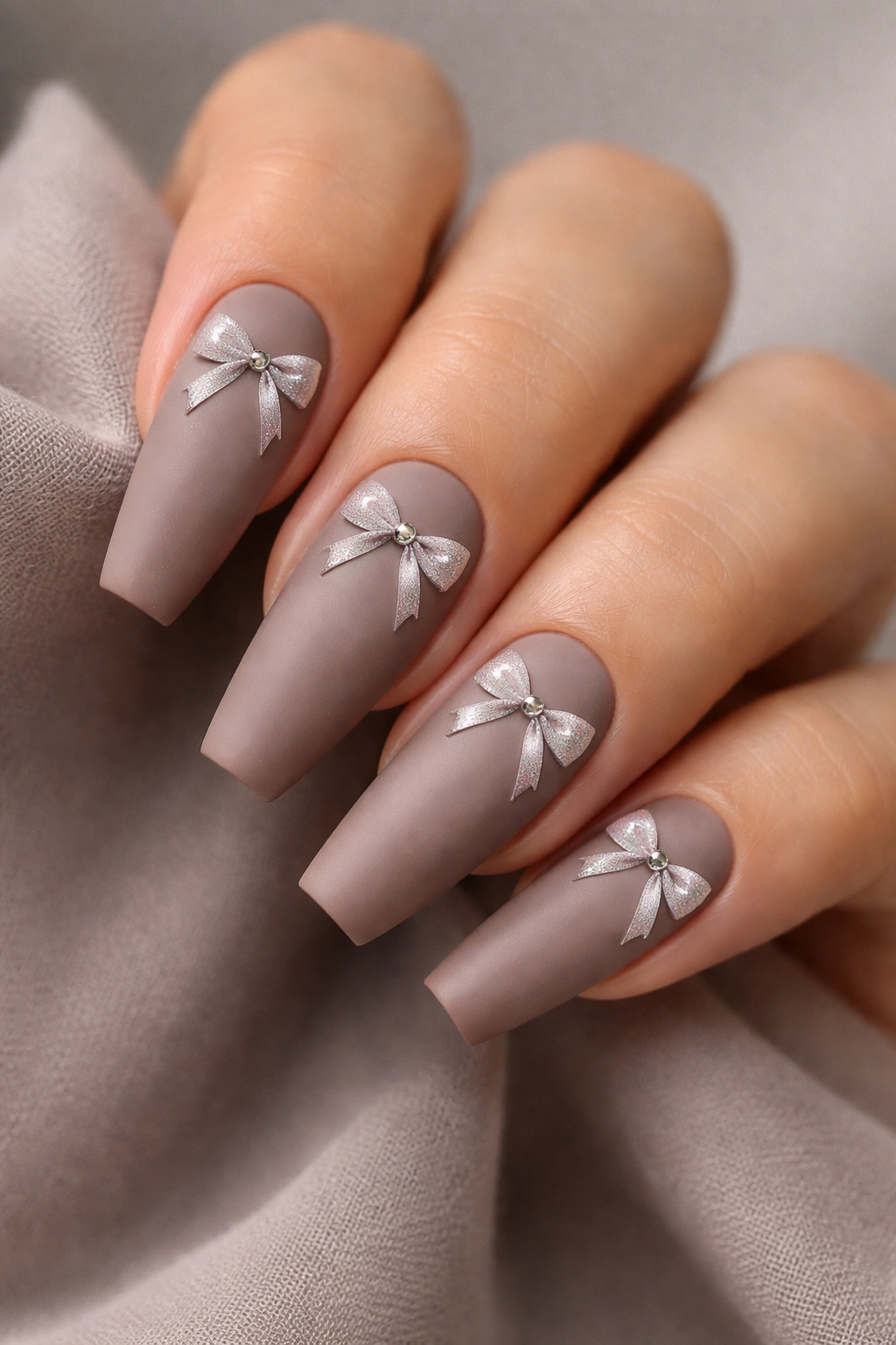 Close-up of matte taupe ballerina nails with satin-effect bow details