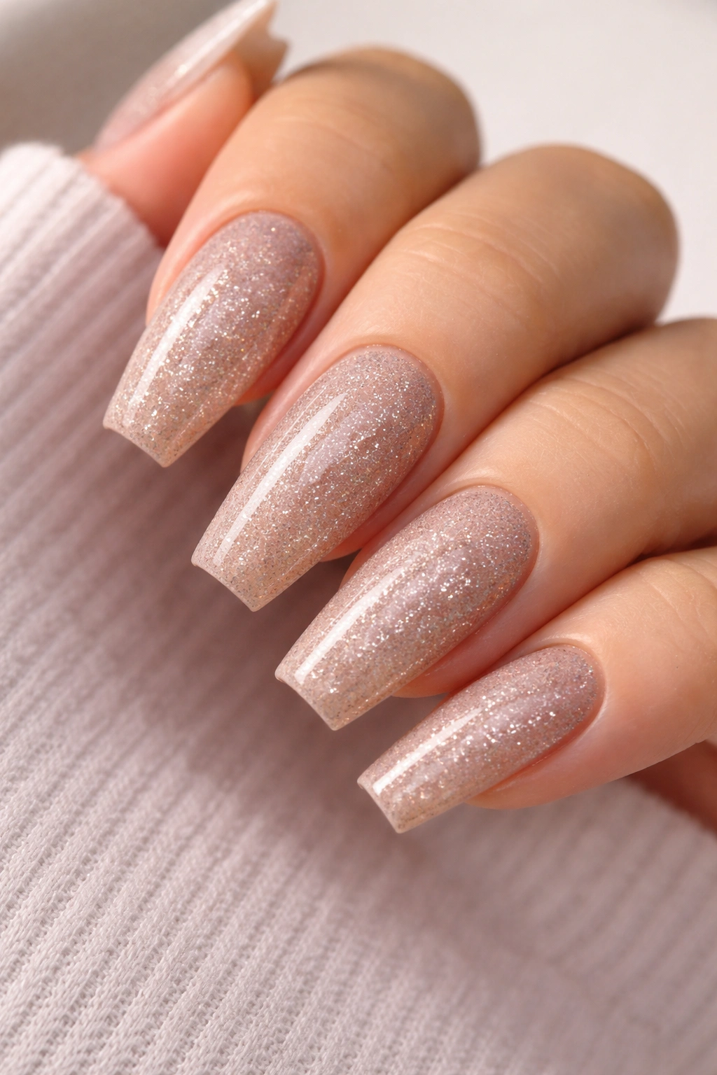 Close-up of taupe nails with champagne micro-glitter and glossy finish