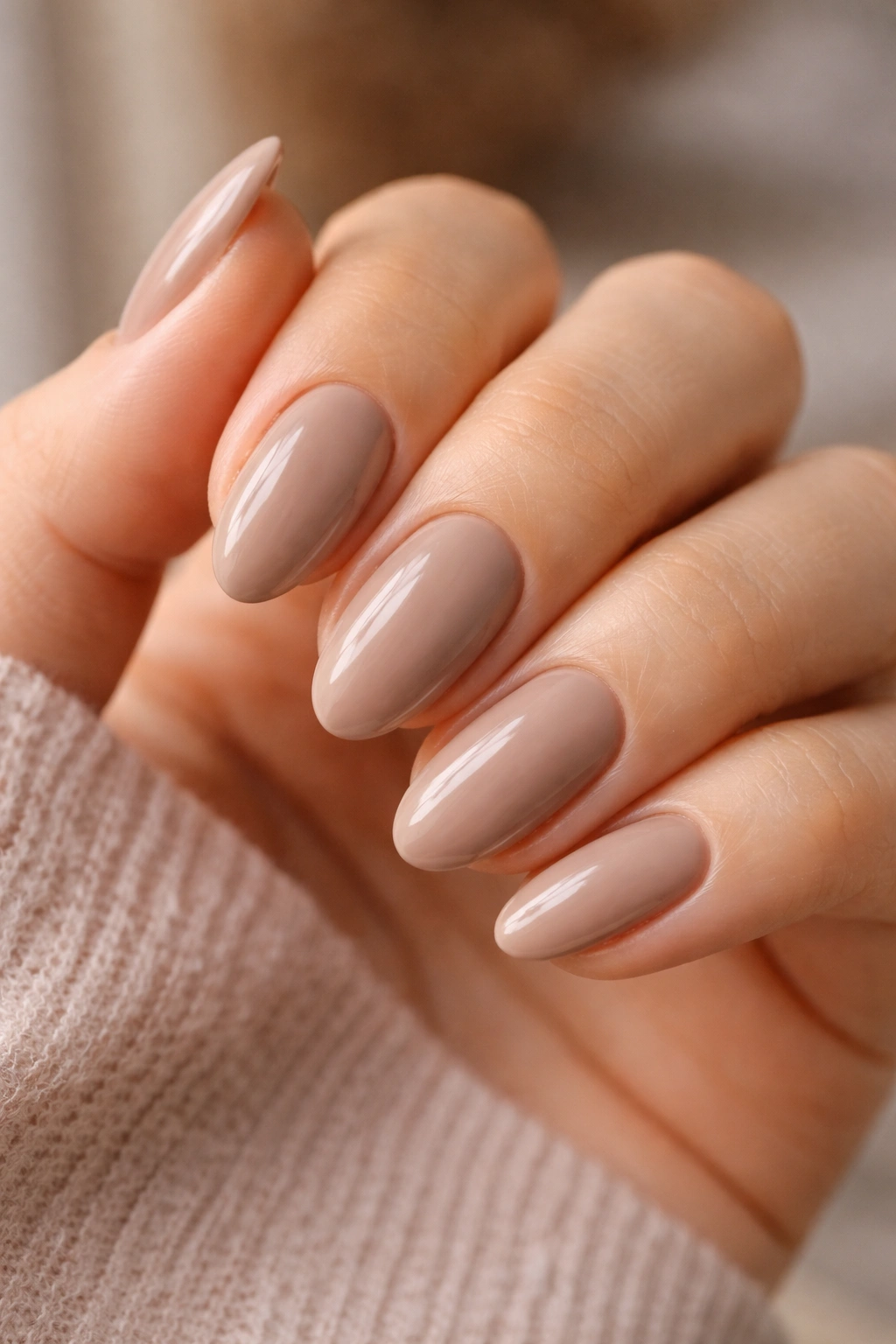 Close-up of warm taupe-beige almond nails with creamy finish