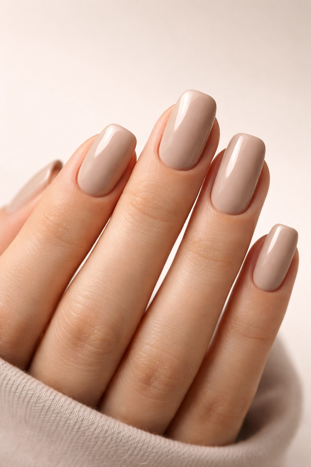 Hand with light beige taupe nails creating soft definition and length
