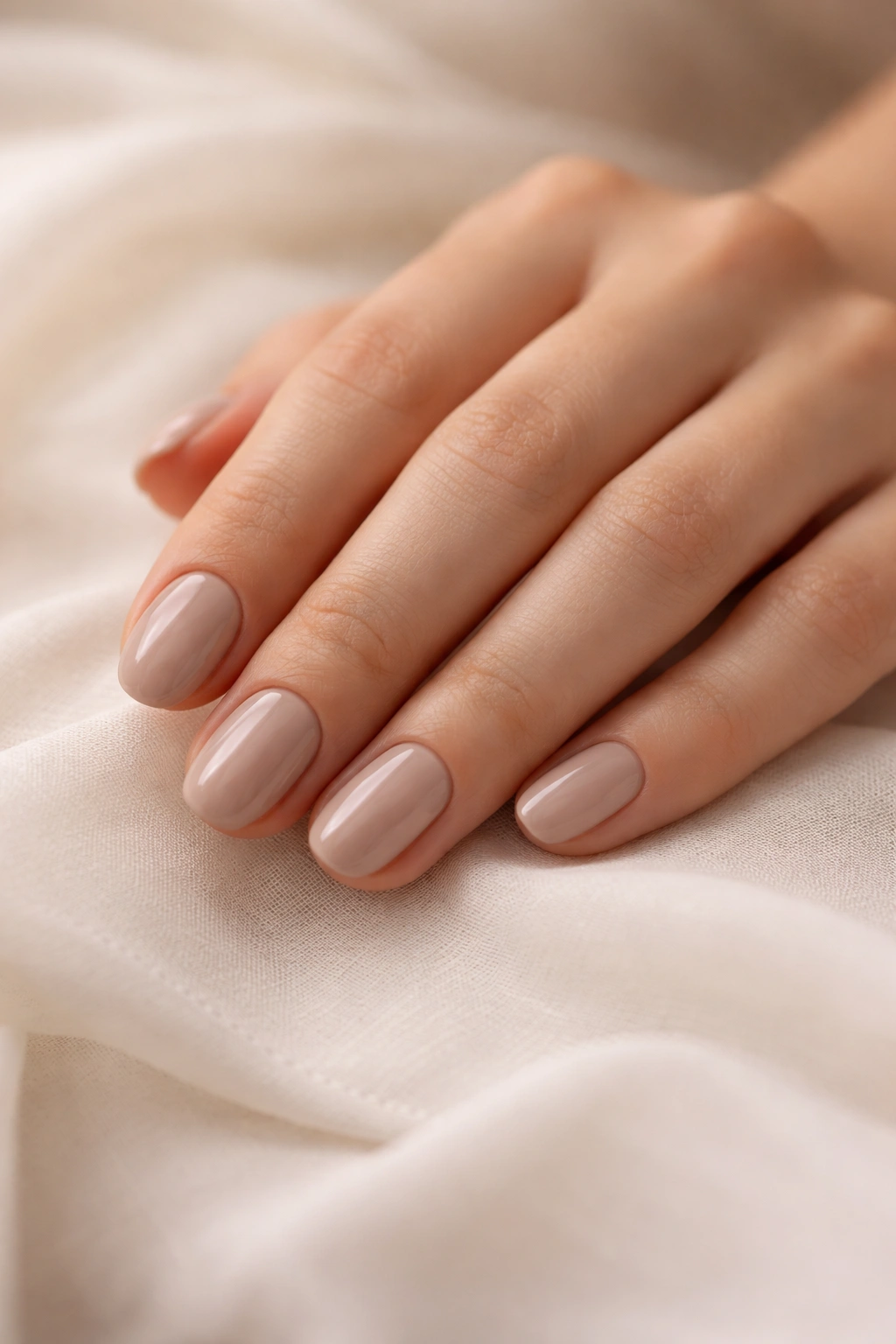 Close-up of short oval nails painted in soft taupe on a hand with a neutral backdrop