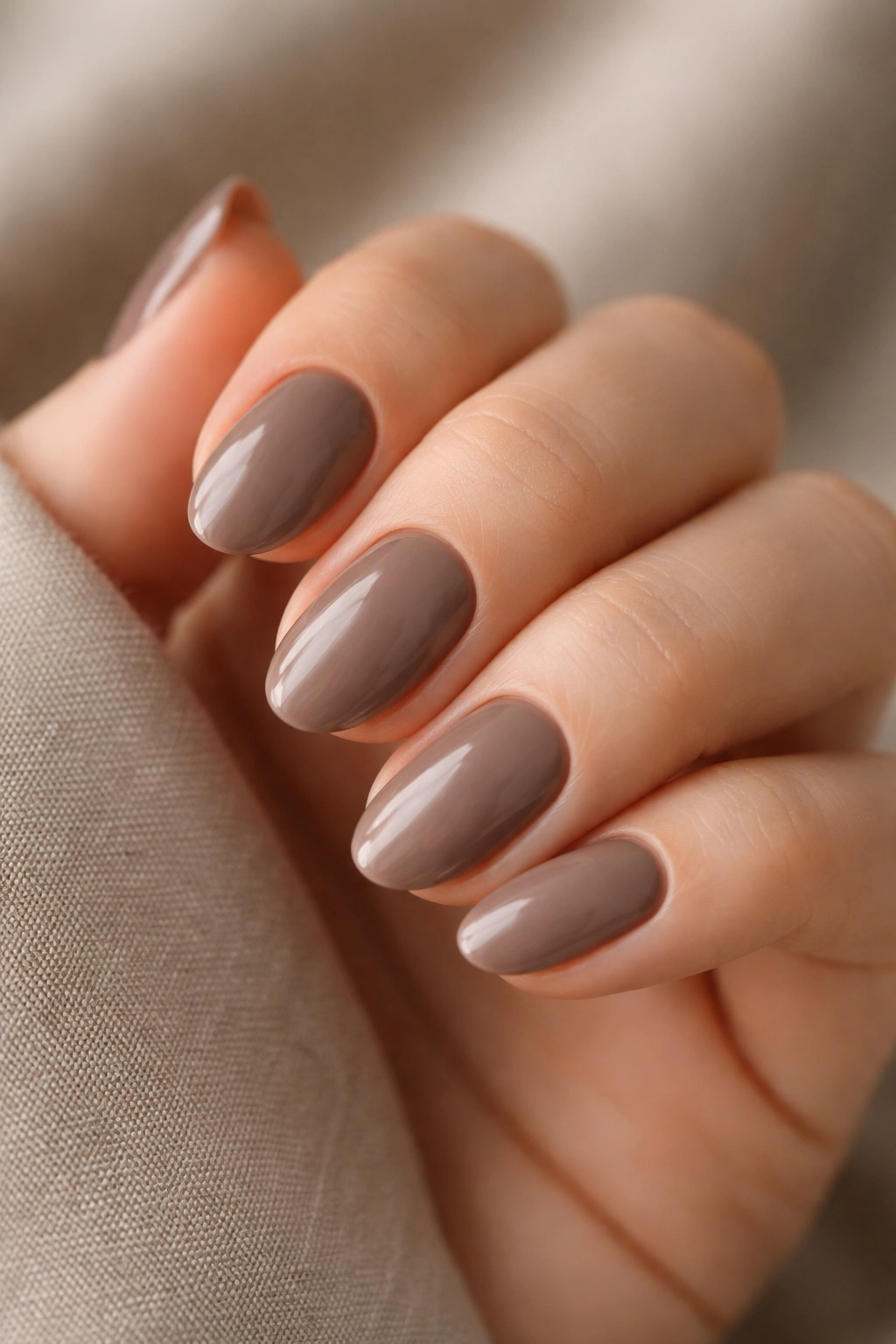 Taupe-brown short almond nails in neutral, quiet look.