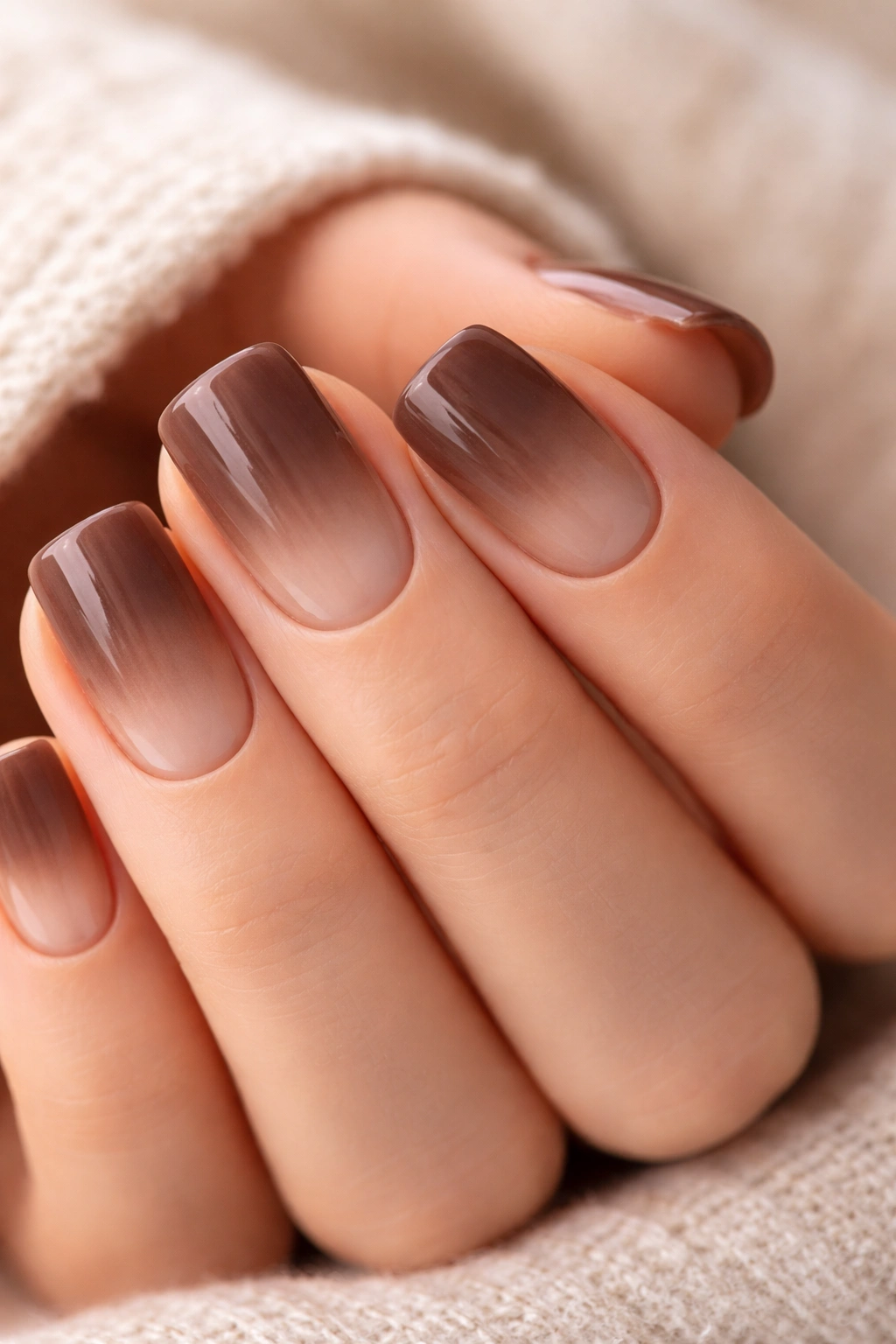 Three-zone gradient on square-rounded nails from taupe to chocolate to nude tip