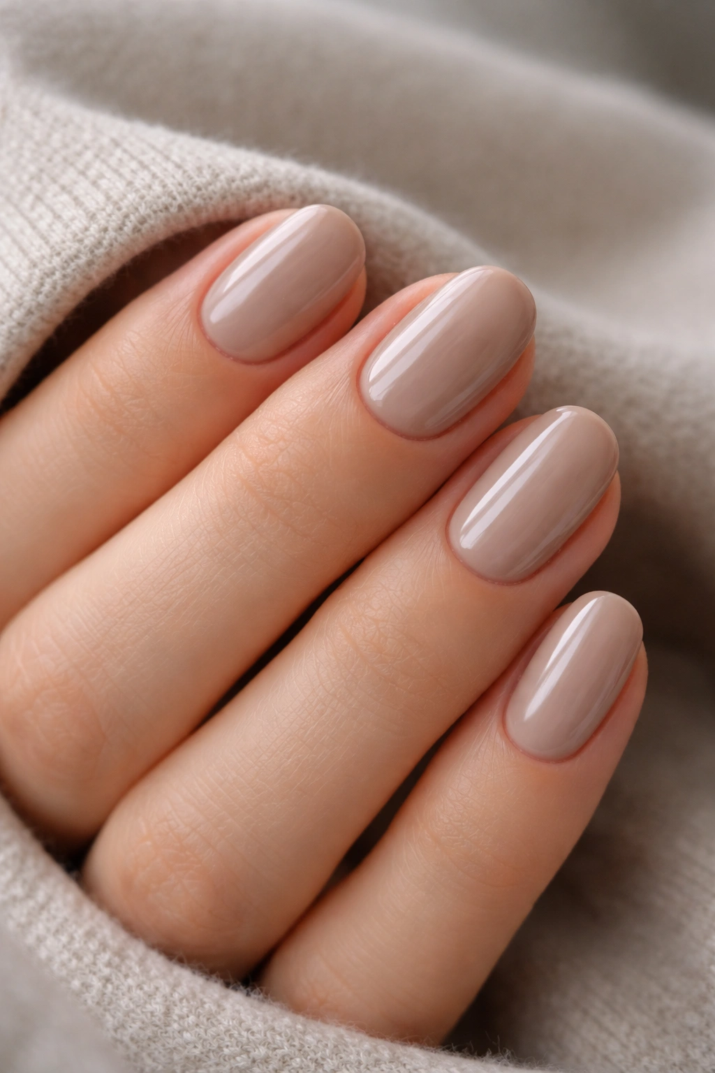 Close-up of short oval nails with taupe glaze and soft shine