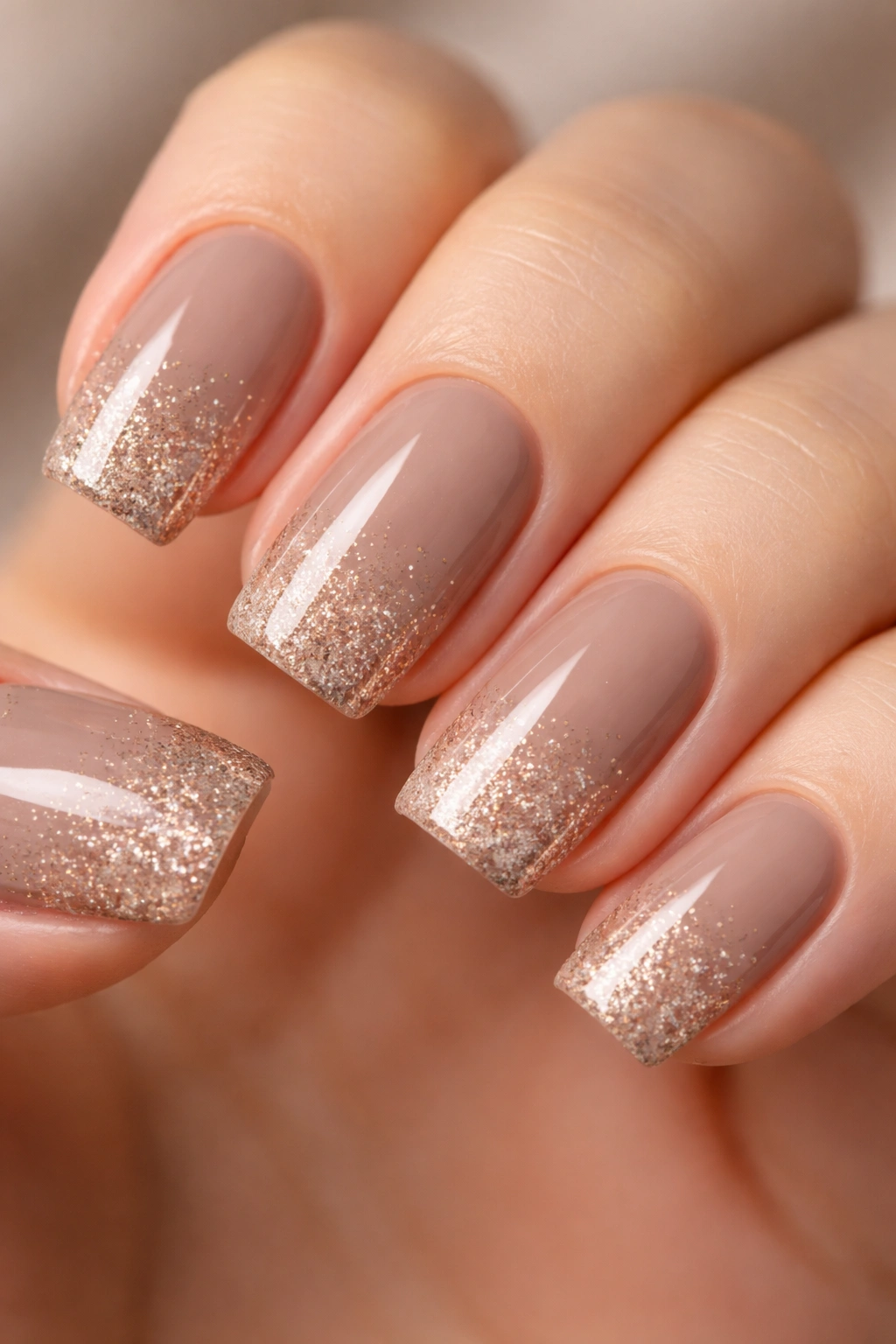 Close-up of taupe nails with subtle glitter accents.
