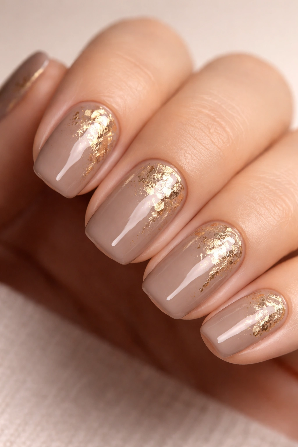 Close-up of short squoval nails with taupe base and gold foil inlay on a plain background