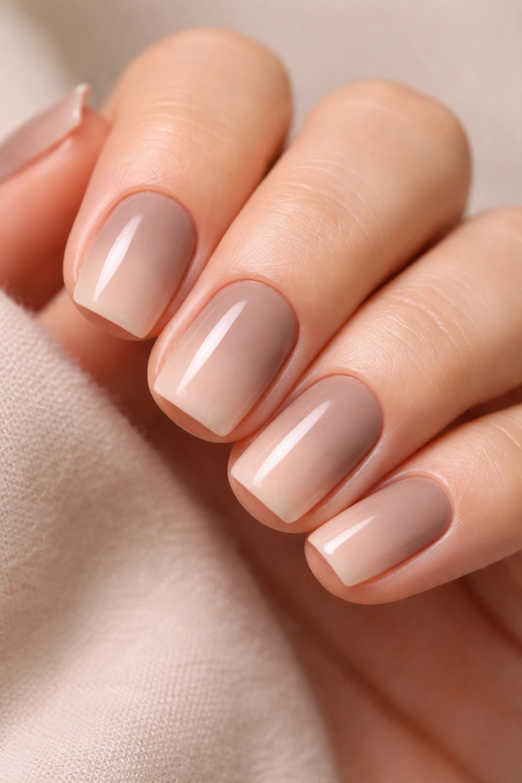 Close-up of taupe nails with a taupe-to-nude gradient