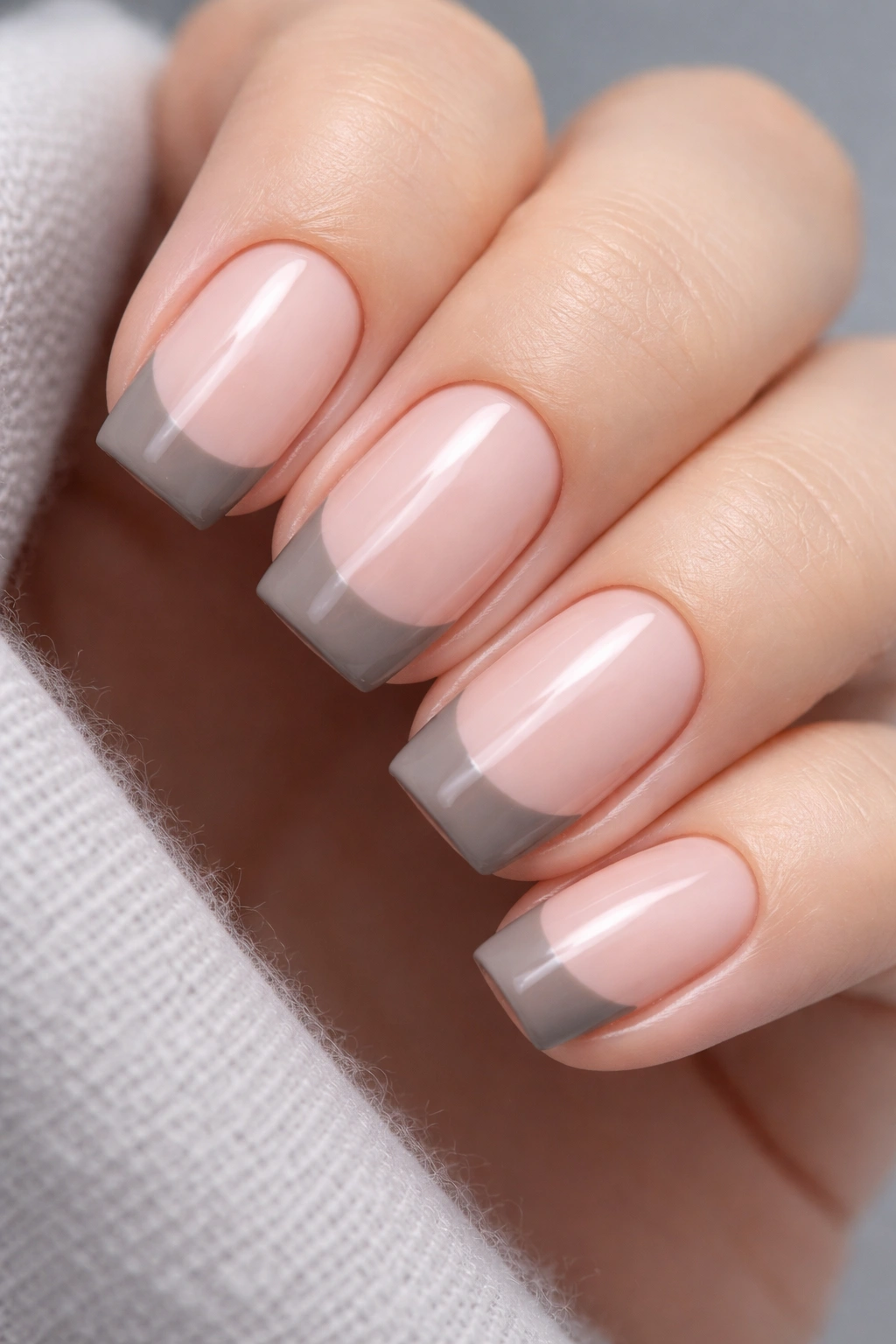 Close-up of nails with taupe gray French tips on a nude base.