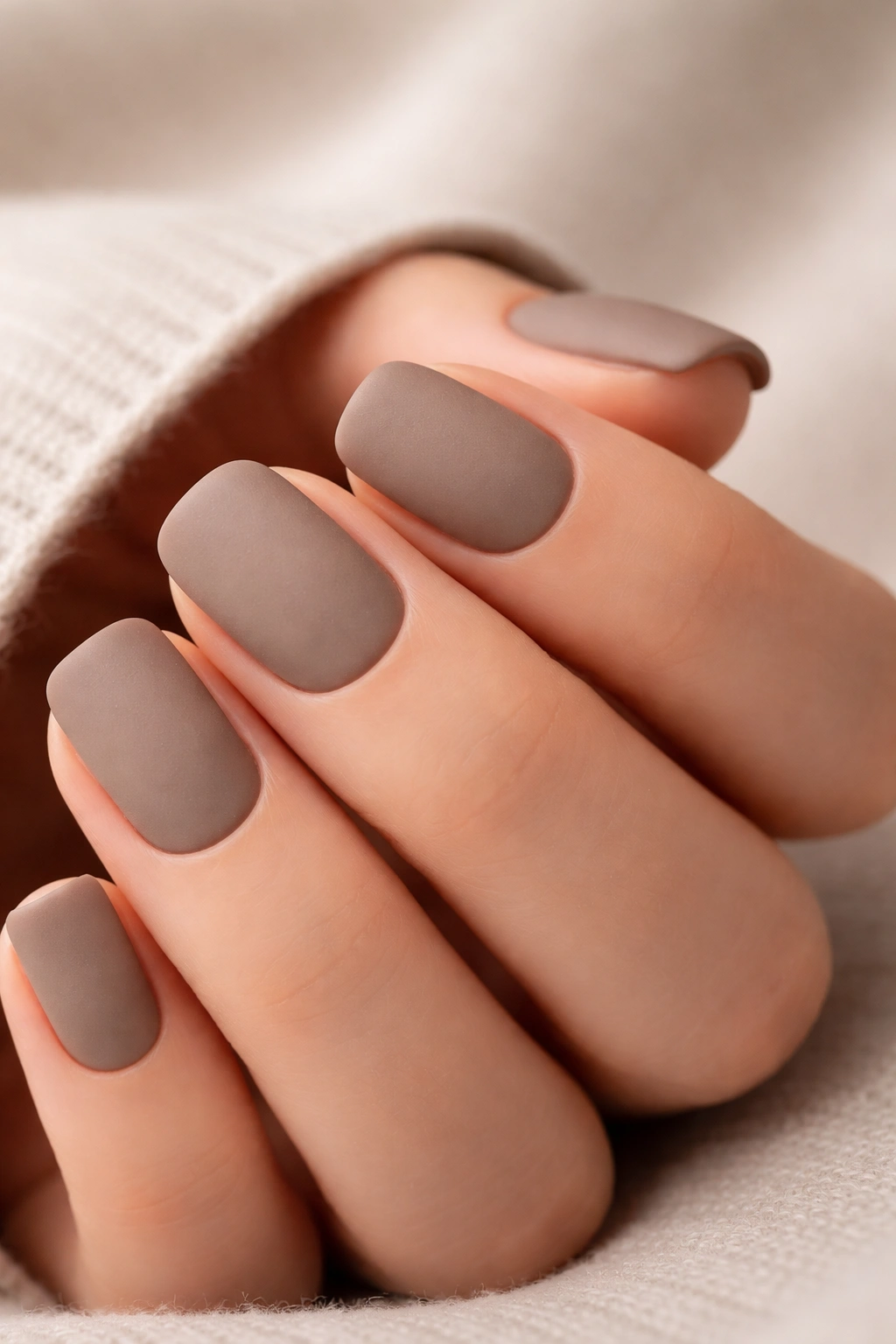 Close-up of short squoval nails in neutral taupe matte finish