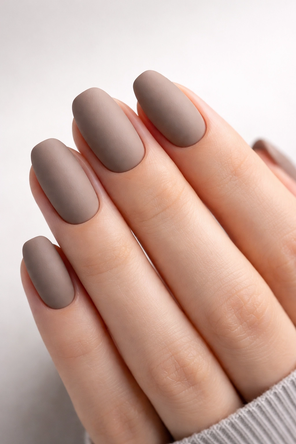 Close-up of taupe matte nails on a hand