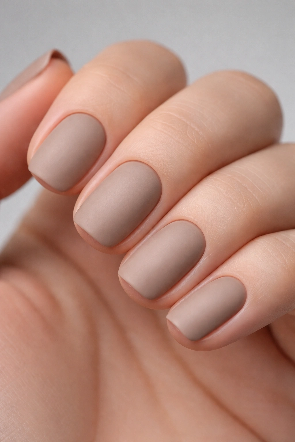 Close-up of nails in neutral taupe matte finish for a professional look