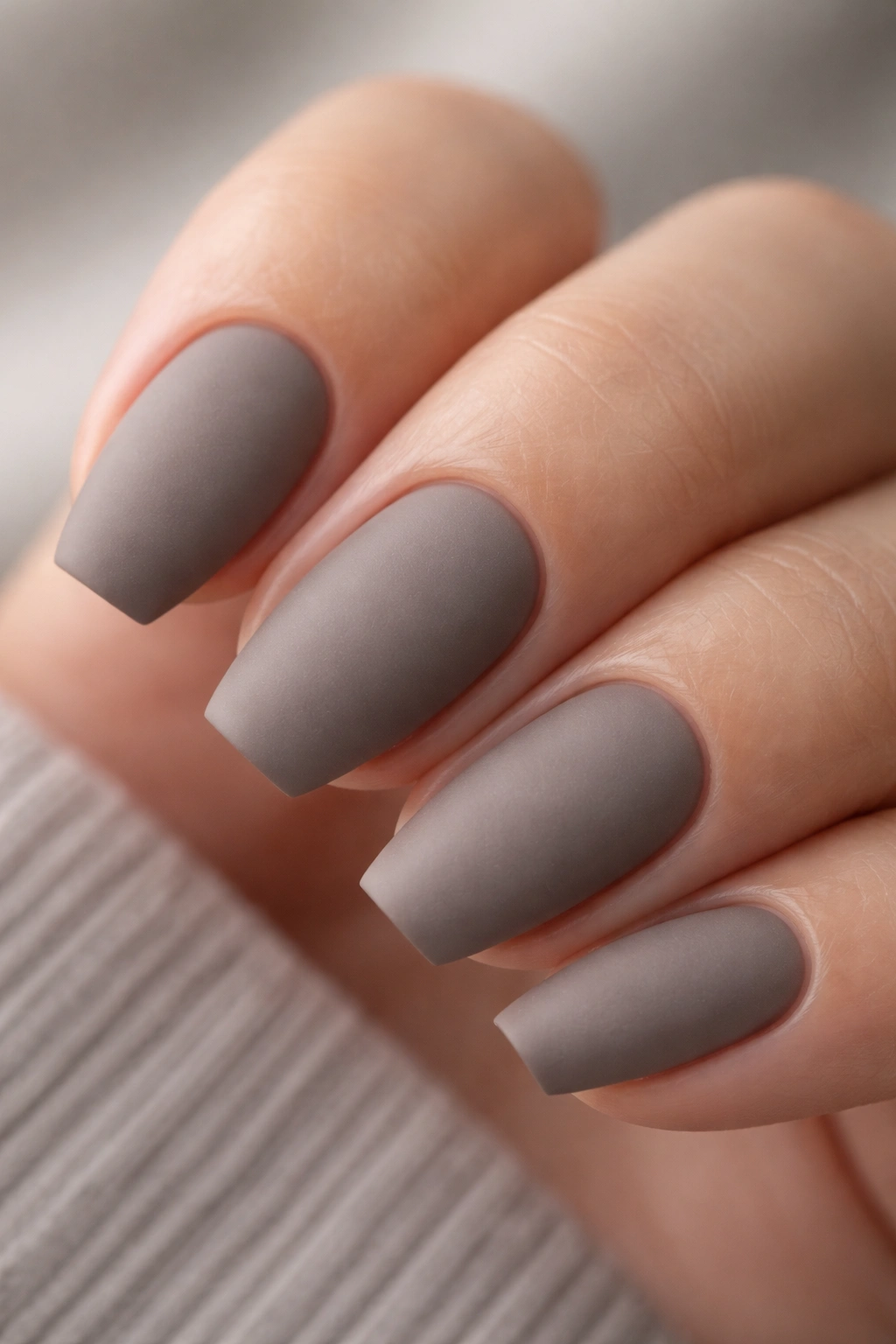 Cool taupe matte ballerina nail with sharp silhouette on short nail