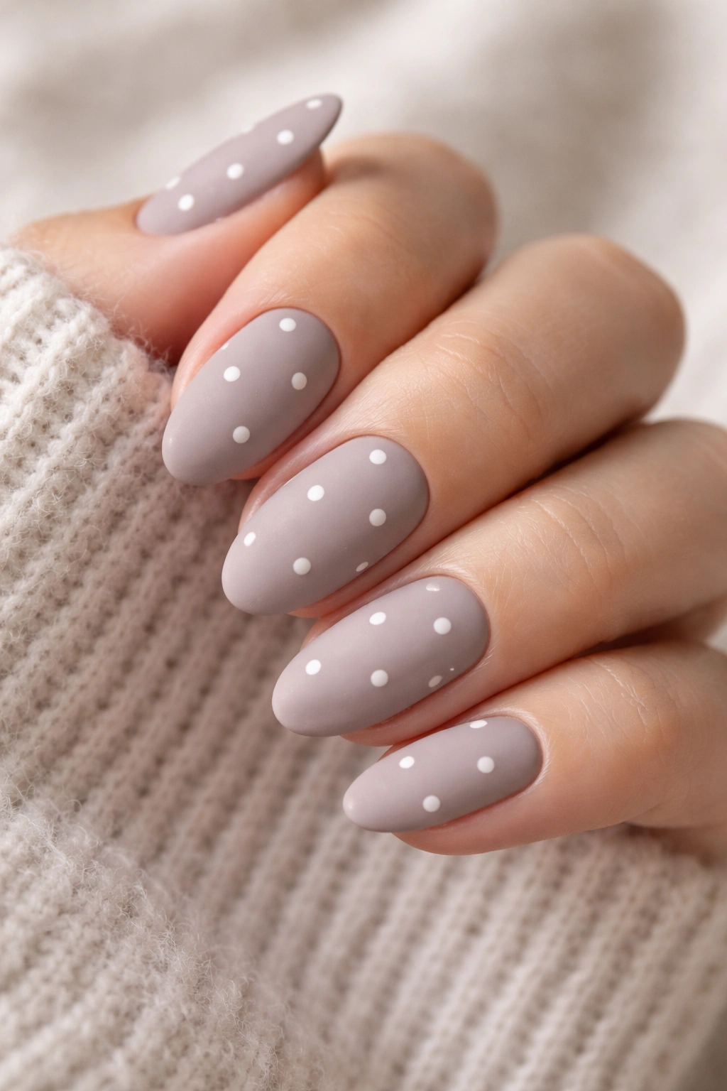 Close-up of matte taupe nails with white dots