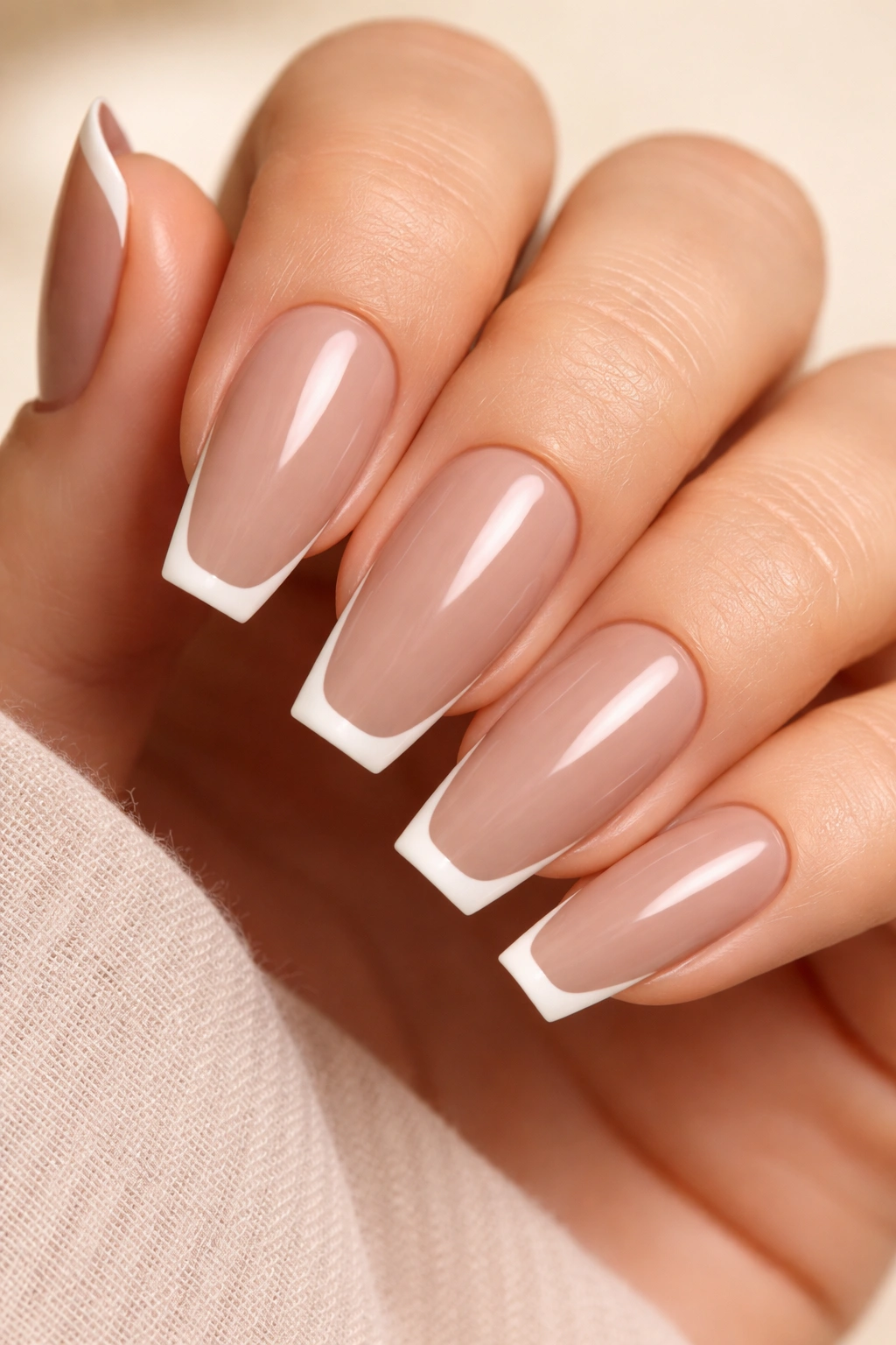 Close-up of taupe micro-French nails with a thin hairline tip on ballerina nails