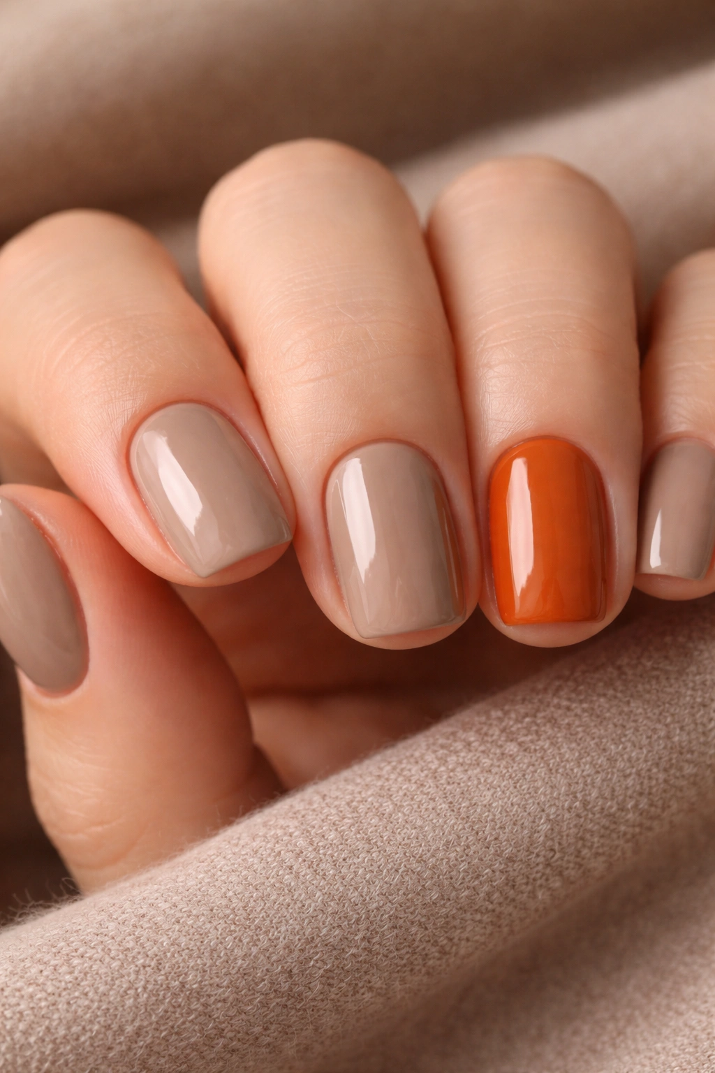 Close-up of short squoval nails with warm taupe and a burnt orange accent nail
