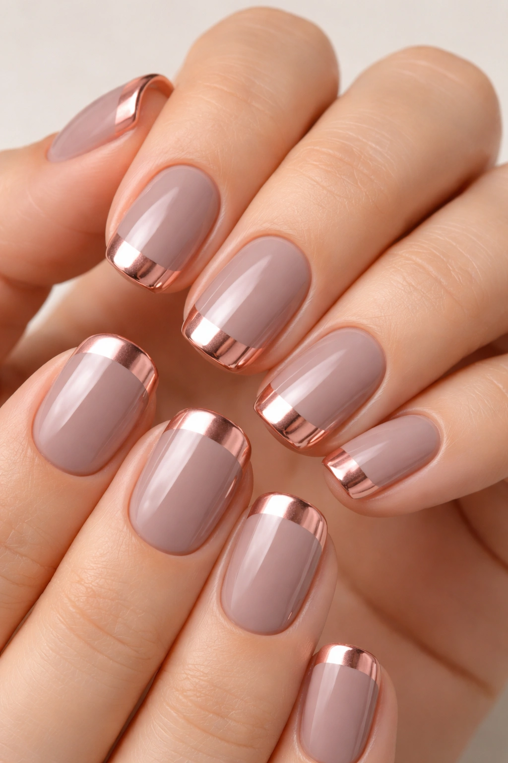 Short squoval nails in warm taupe with rose gold chrome tips