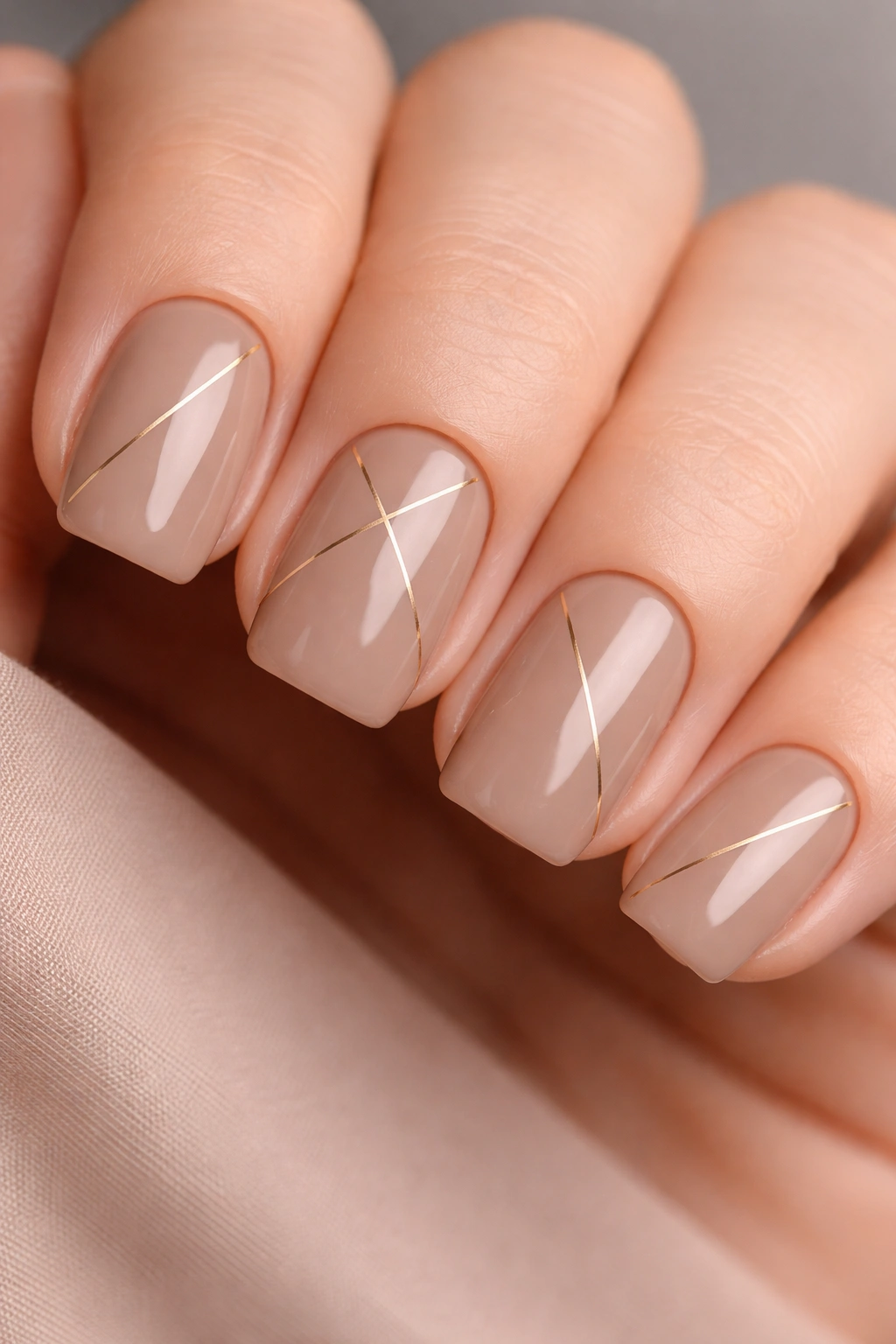 Taupe nails with geometric gold lines on short squoval nails