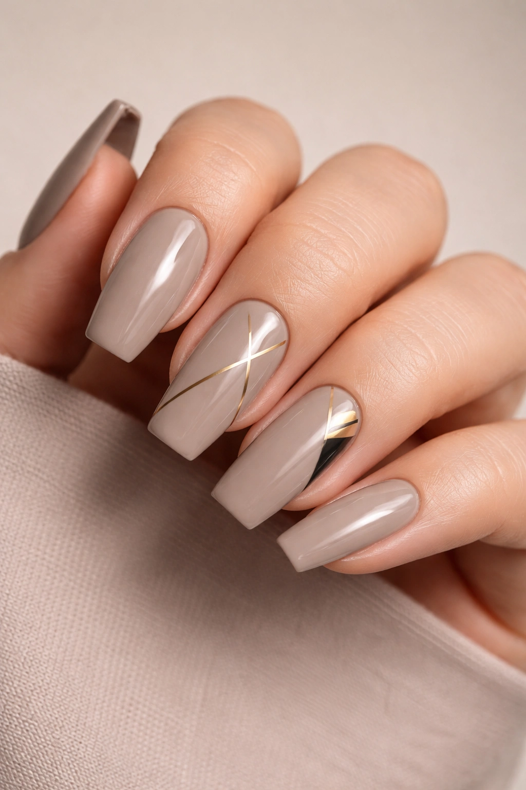 Taupe coffin nails with minimalist geometric shapes