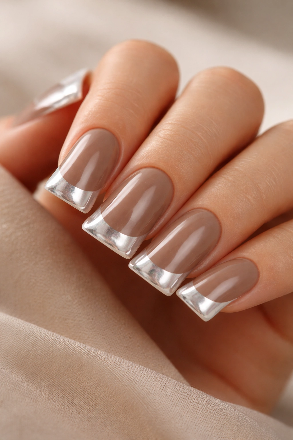 Duck nails in warm taupe with glazed tips, close-up.