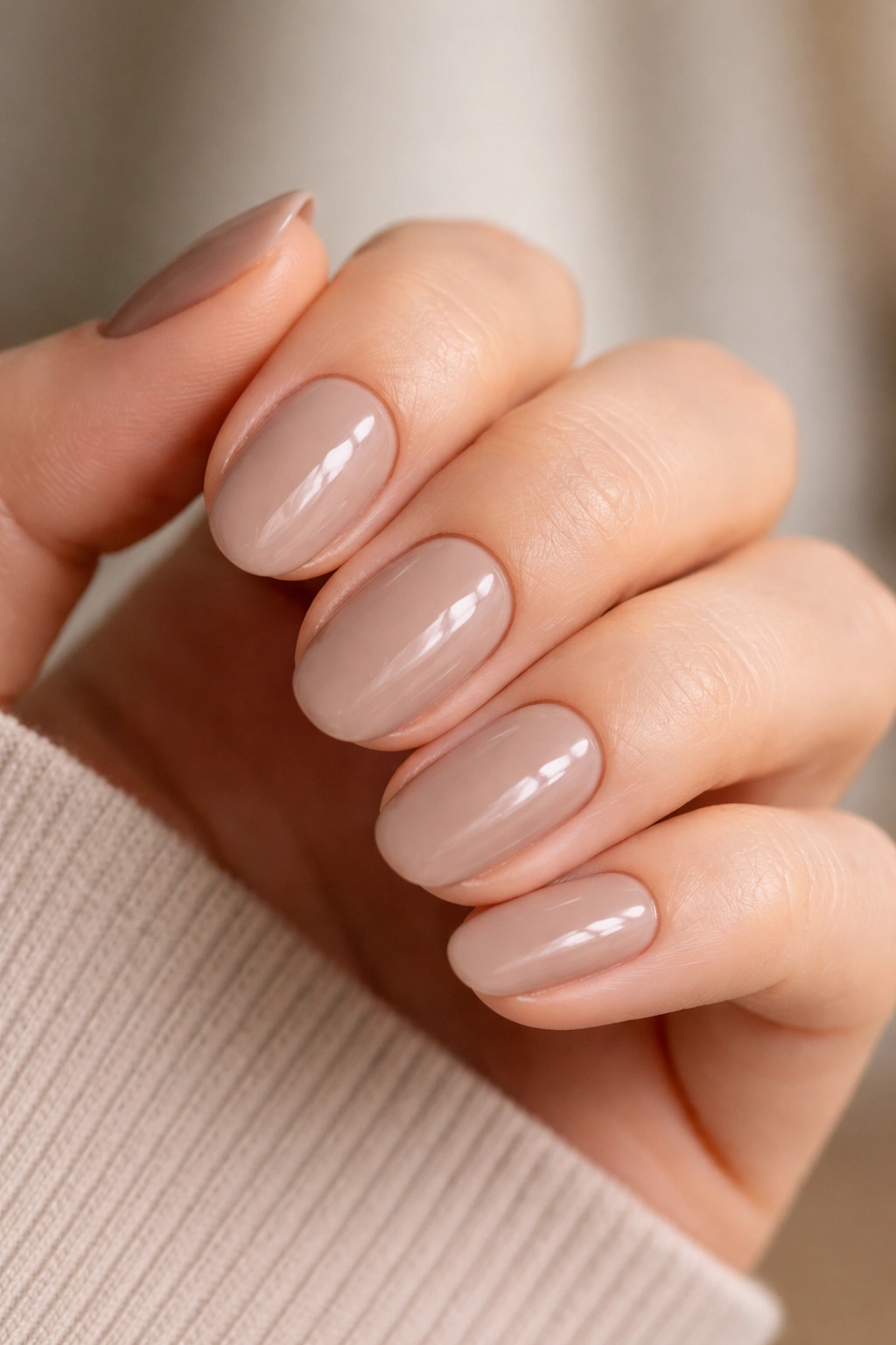 Close-up of a hand with short oval nails in glossy taupe shade