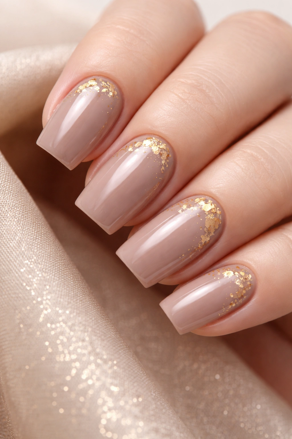 Close-up of taupe nails with gold leaf accents