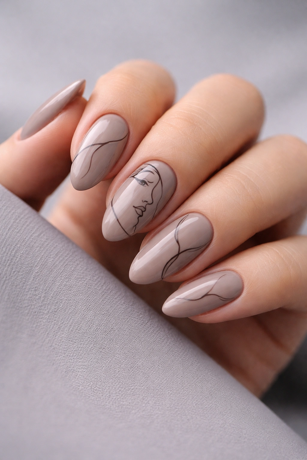 Close-up of taupe nails with black line art designs on a neutral gray background