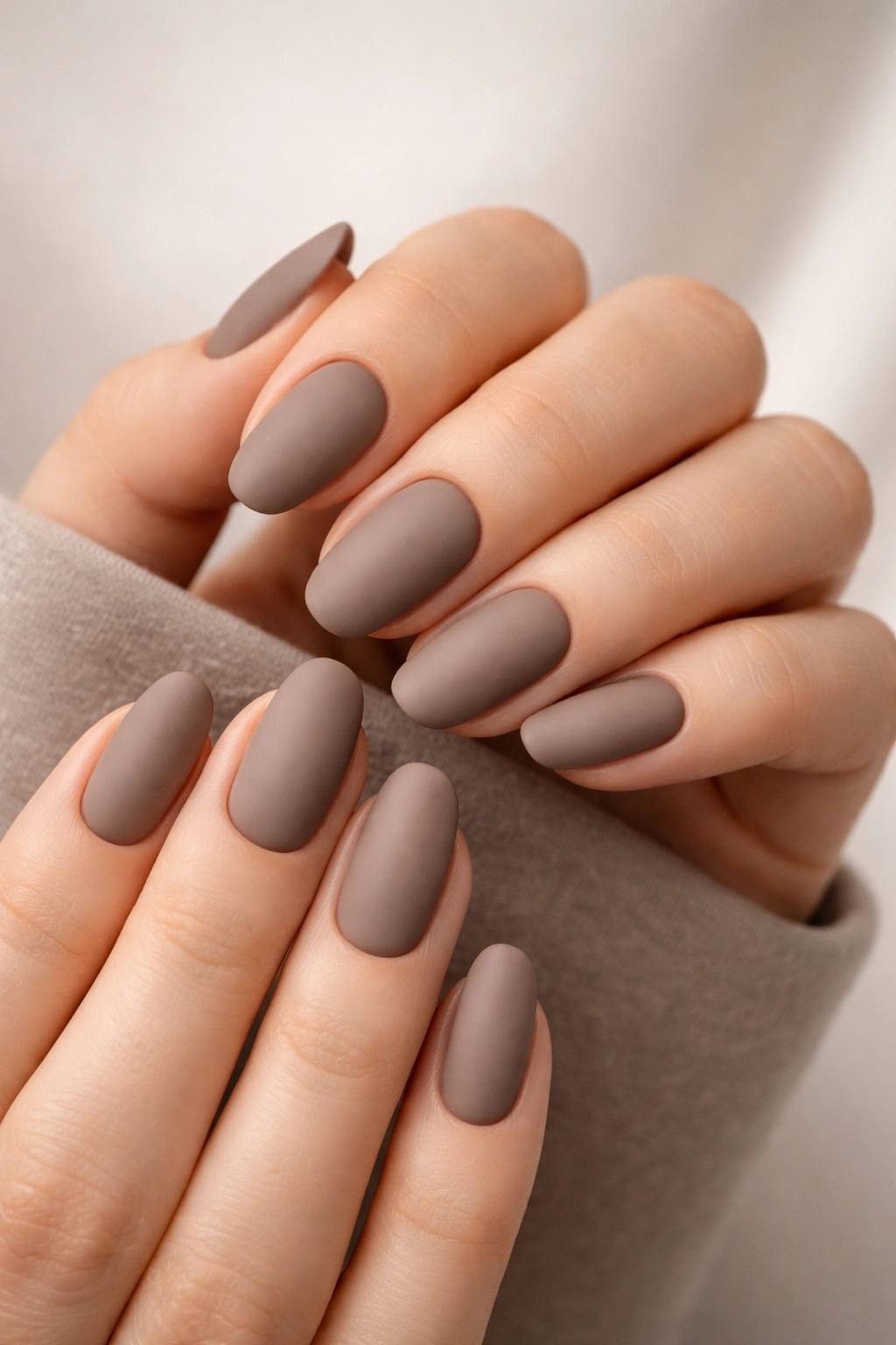 Close-up of hands with taupe matte nails in gray-brown shade