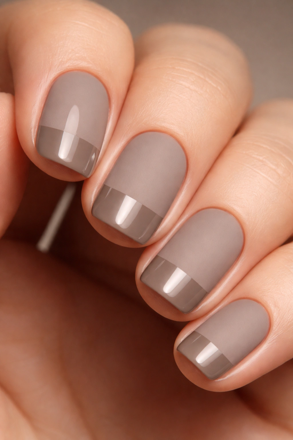 Close-up of matte taupe nails with glossy tips