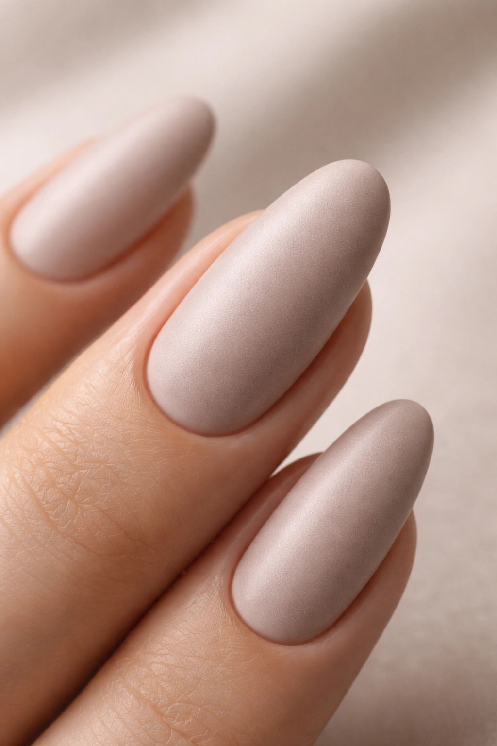 Close-up of a long oval acrylic nail with soft taupe matte silk finish
