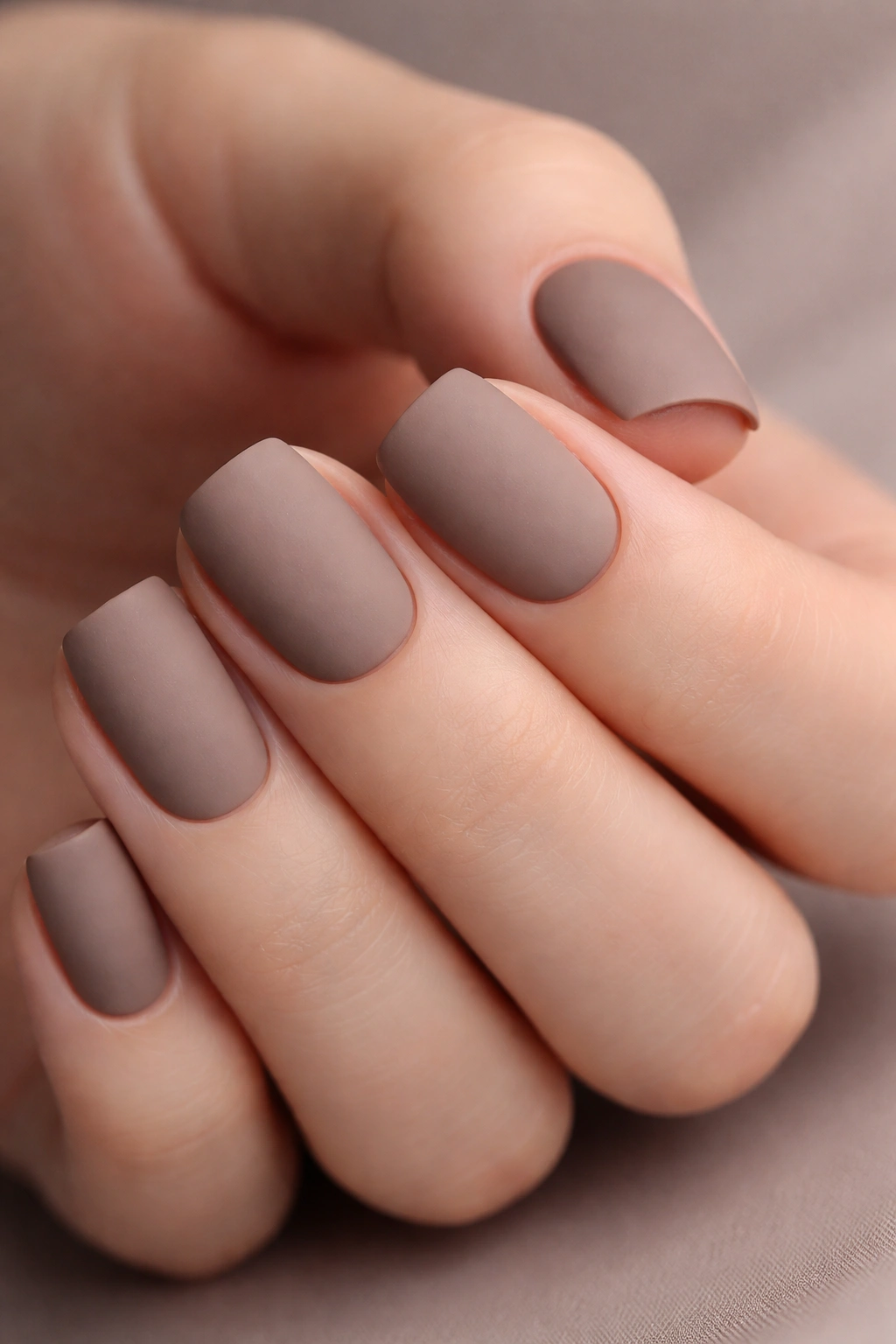 Matte taupe nails on short squoval shape.