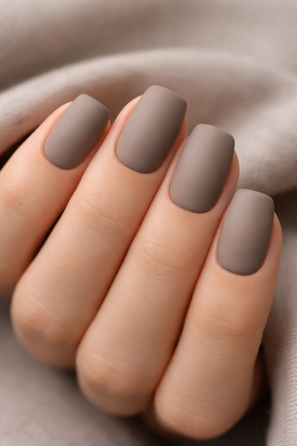 Close-up of short soft square nails in True Taupe with Matte Top Coat