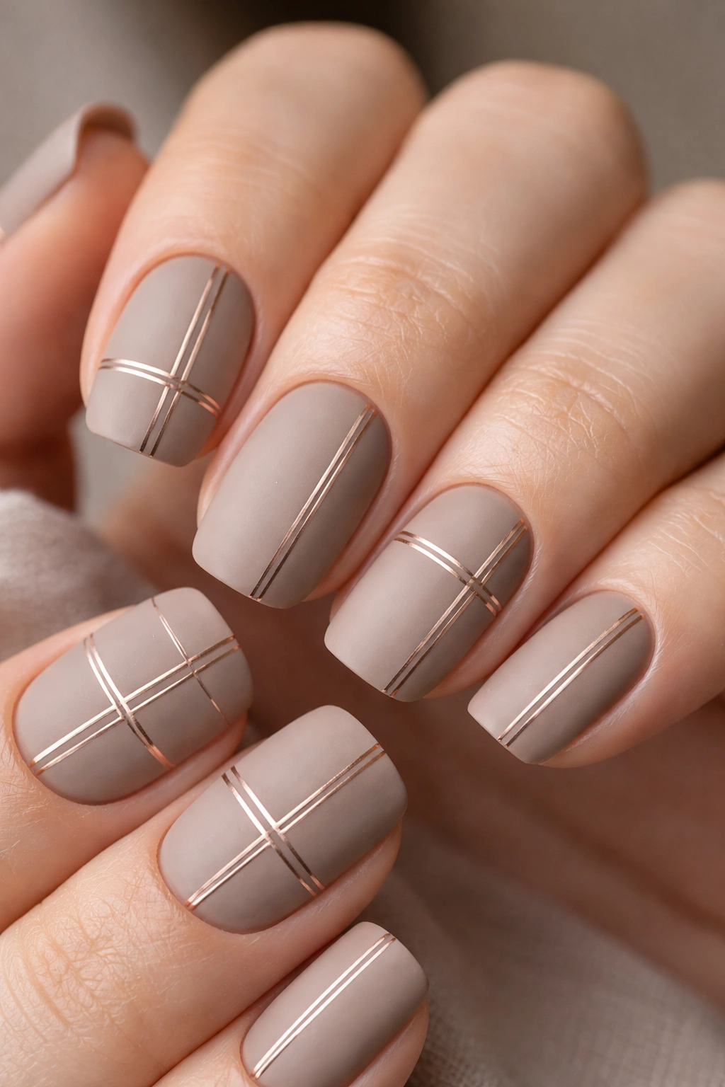 Taupe nails with thin metallic lines creating grid