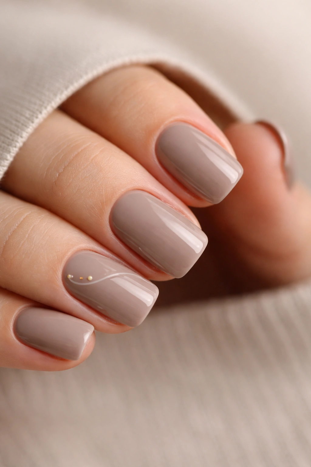 Taupe squoval nails with a delicate accent detail on one nail.