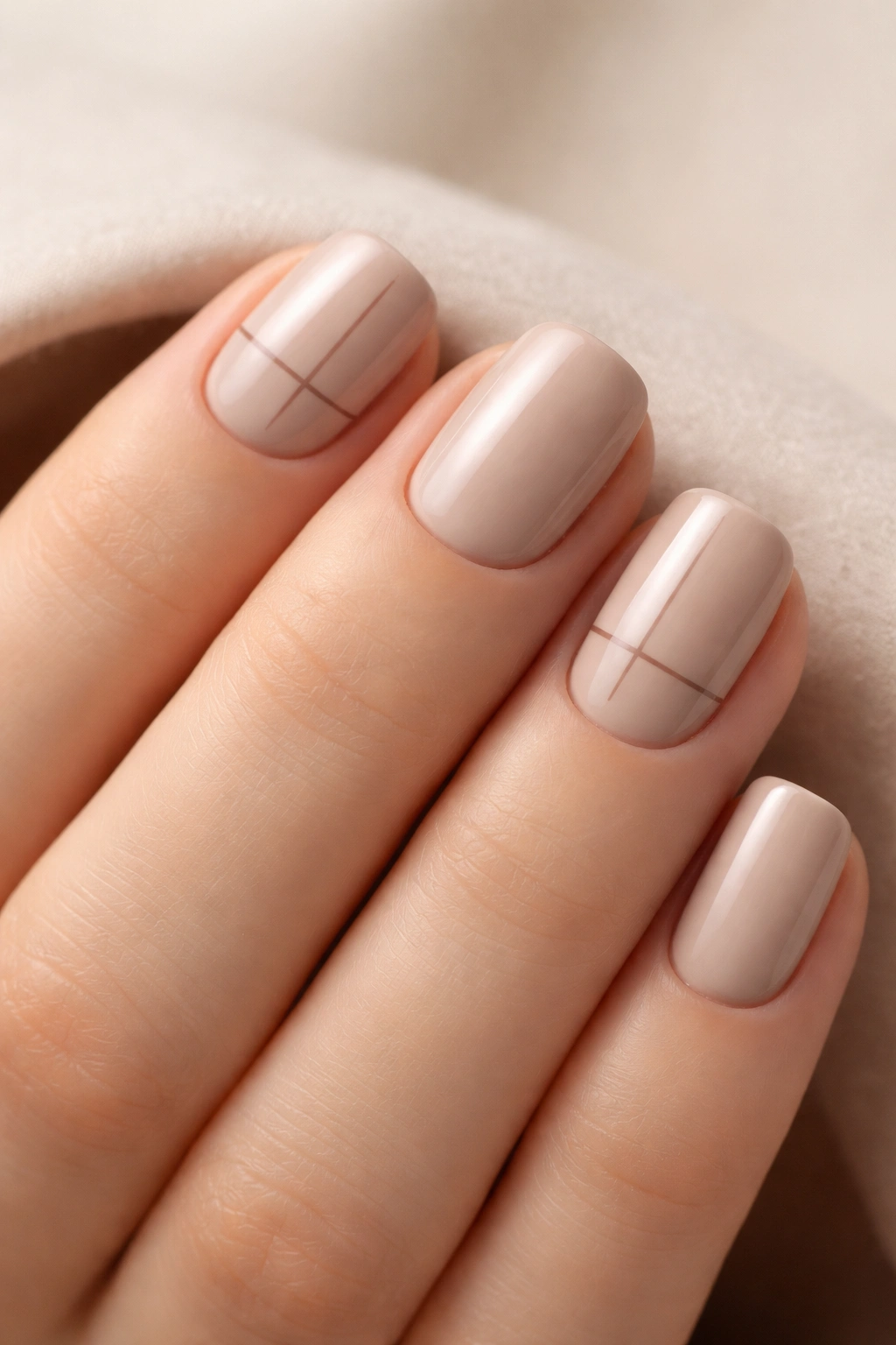 Creamy taupe nails with minimalist lines on short squoval nails