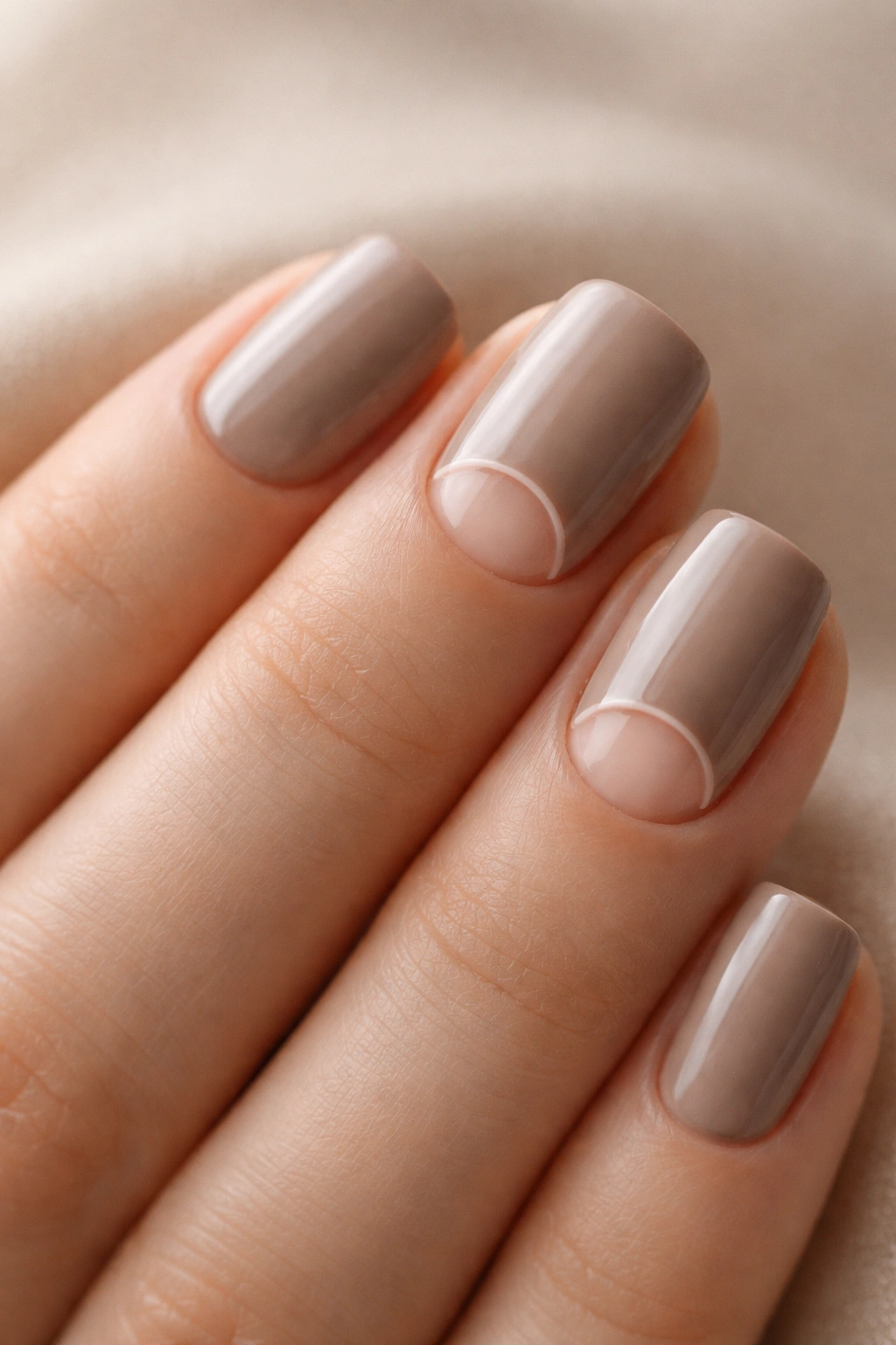 Close-up of warm taupe nails with negative space arch revealing natural nail