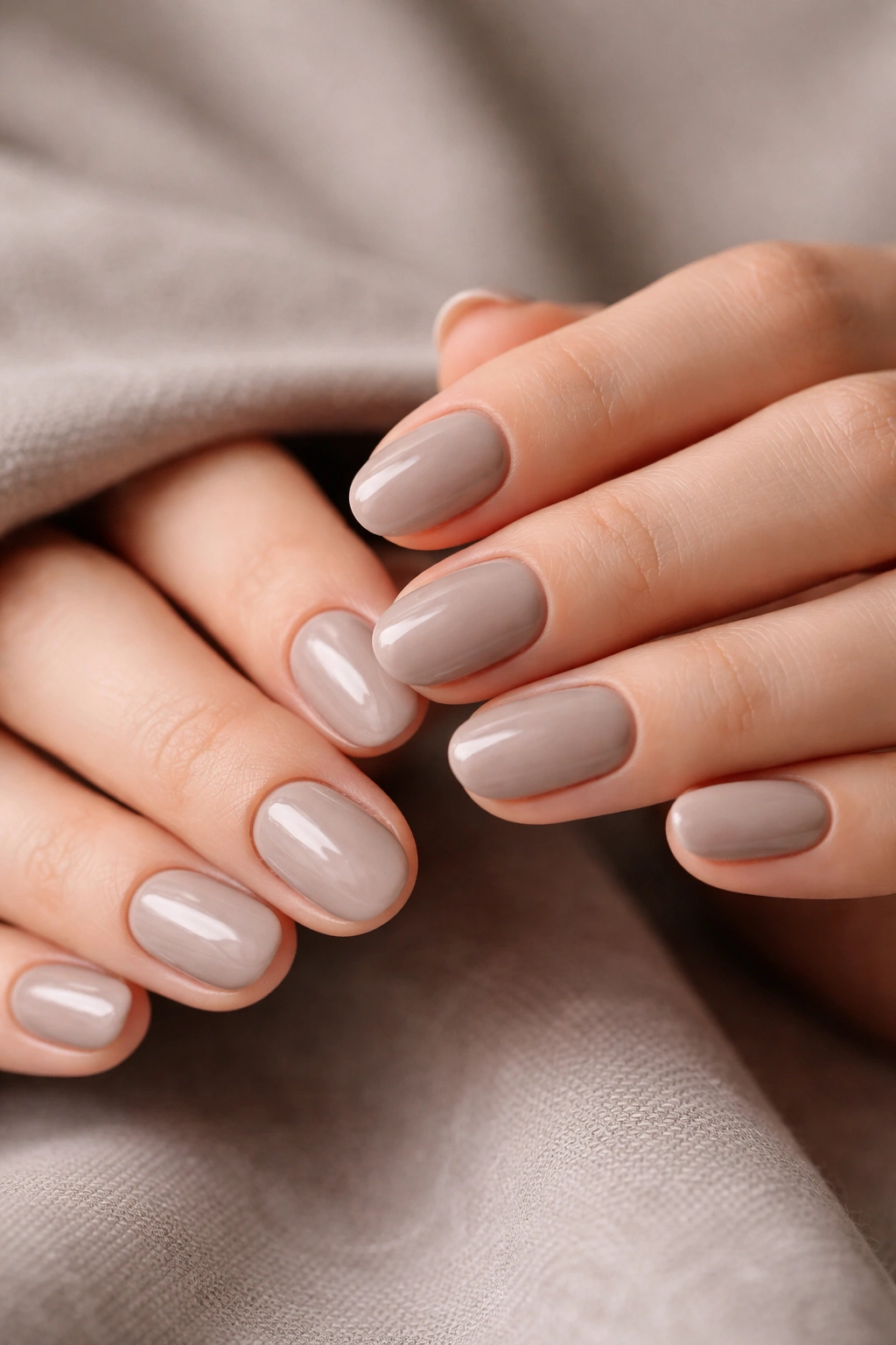 Close-up of hands showcasing taupe short oval nails with a glossy finish
