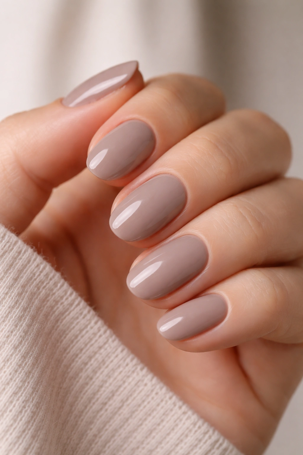 Close-up of short soft taupe oval nails with a glossy finish on a bare hand